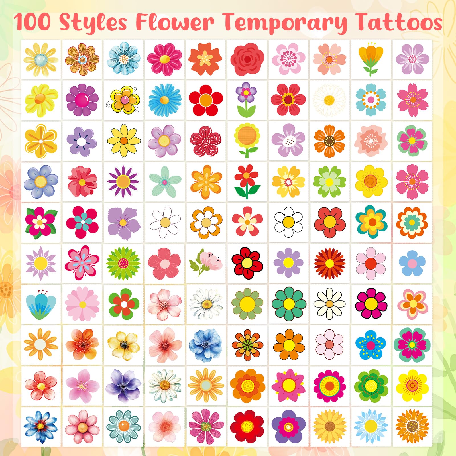 Ceiba Tree 100pcs Flower Temporary Tattoos Spring Party Supplies Assorted Flowers Floral Tattoos Party Favors - Image 3