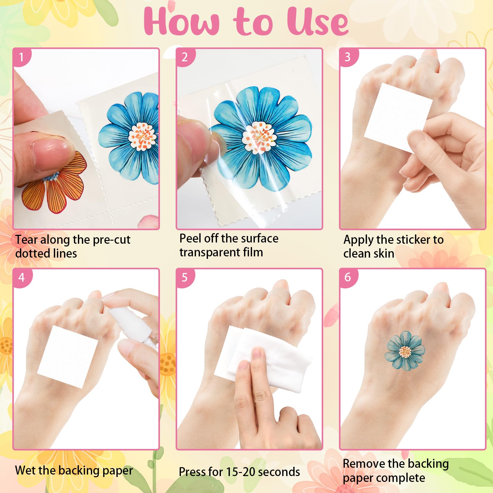 Ceiba Tree 100pcs Flower Temporary Tattoos Spring Party Supplies Assorted Flowers Floral Tattoos Party Favors - Image 5