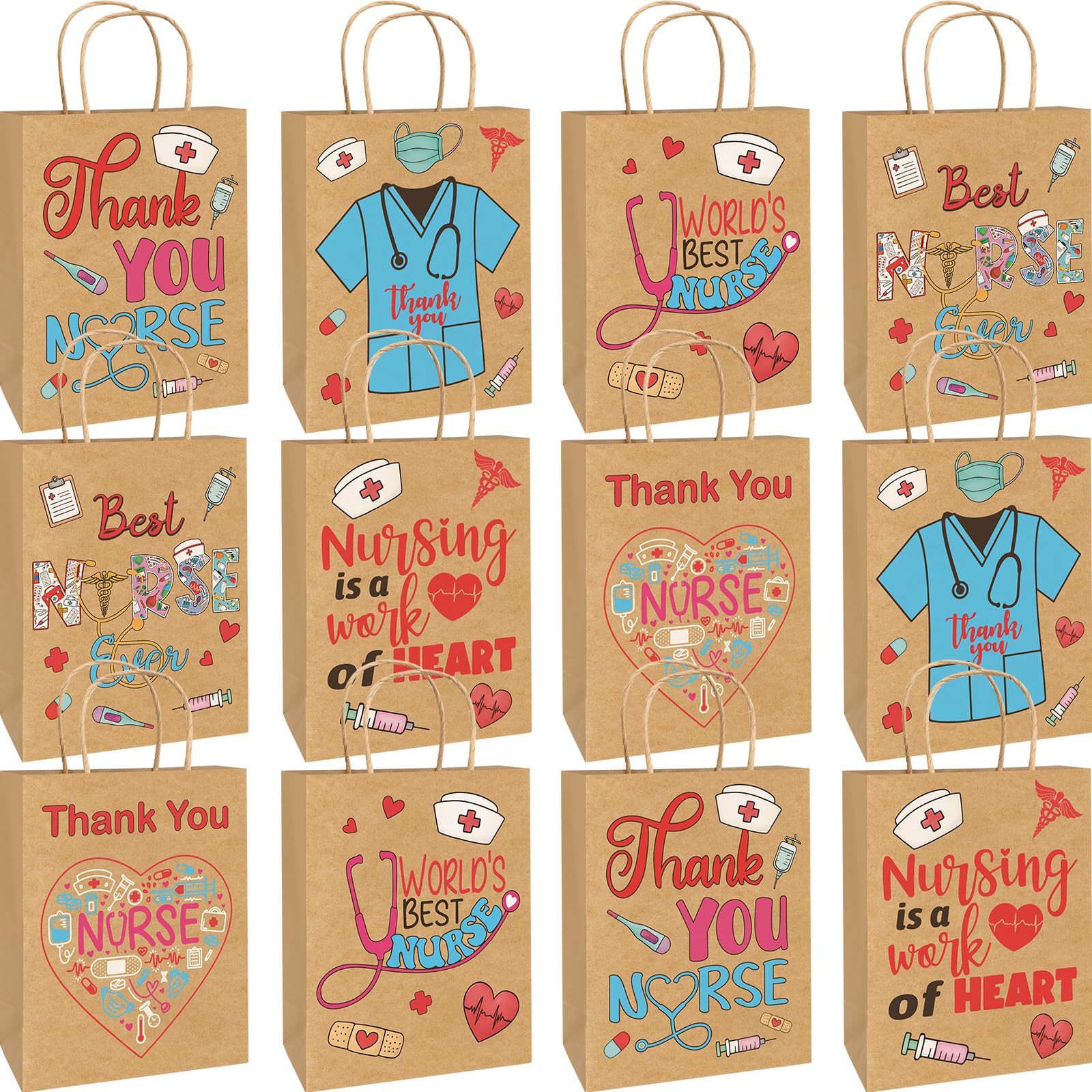ceiba tree 12 Pcs Nurses Week Gift Bags Kraft Paper with Handles 9 x 7 x 3 Thank You Nurse Appreciation RN Graduation Party Healthcare Worker Medical Staff - Image 6