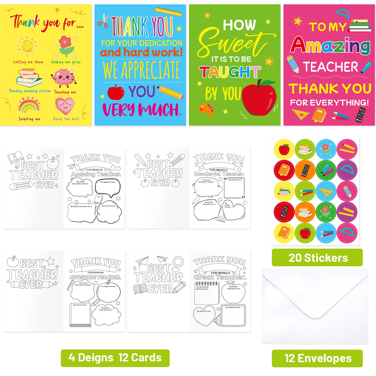ceiba tree 12Pcs Coloring Teacher Thank You Cards Kindergarten Teachers Appreciation Week Funny Fill In The Blanks Cards with Envelopes and Stickers Gifts for End of The Year Graduation - Image 3