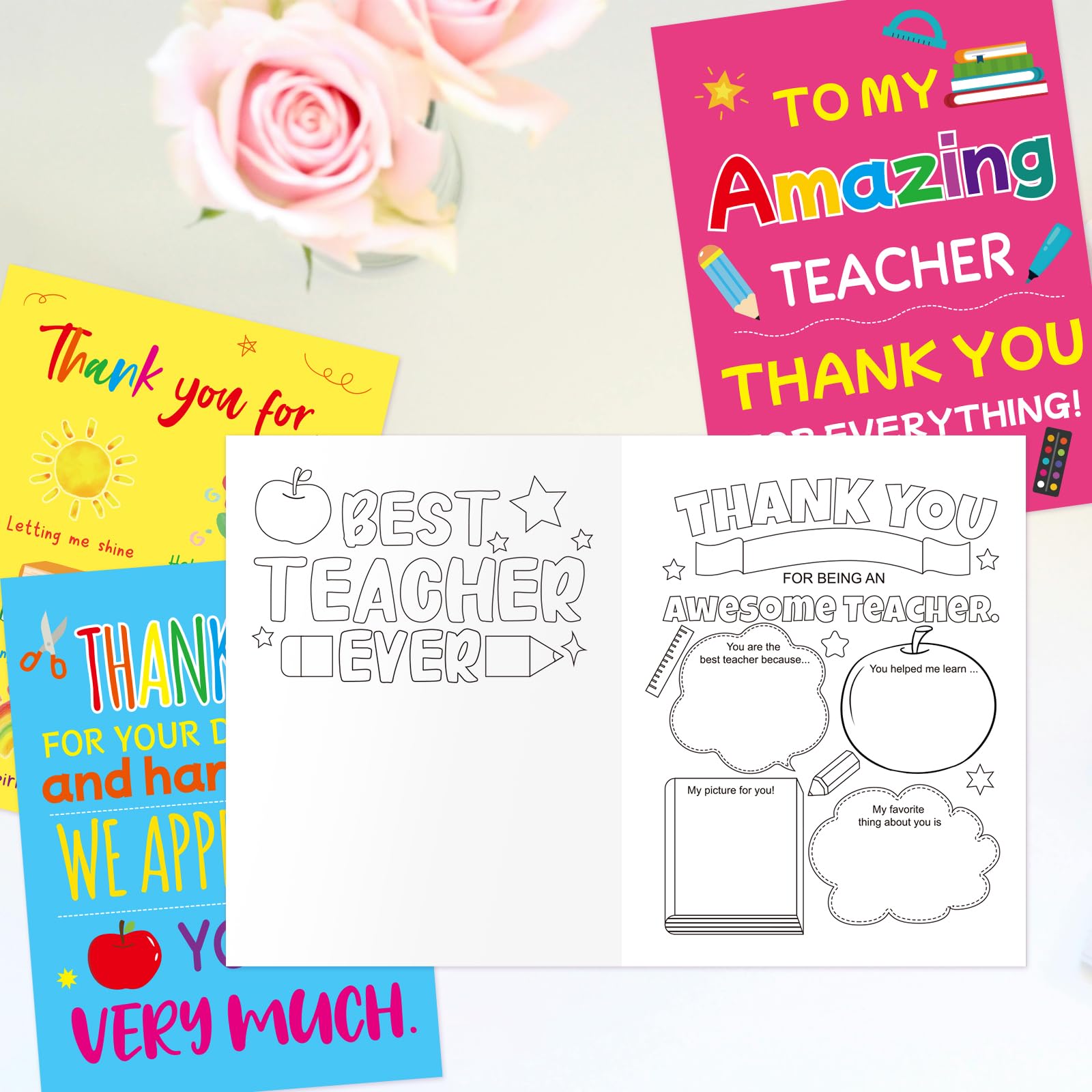 ceiba tree 12Pcs Coloring Teacher Thank You Cards Kindergarten Teachers Appreciation Week Funny Fill In The Blanks Cards with Envelopes and Stickers Gifts for End of The Year Graduation - Image 6