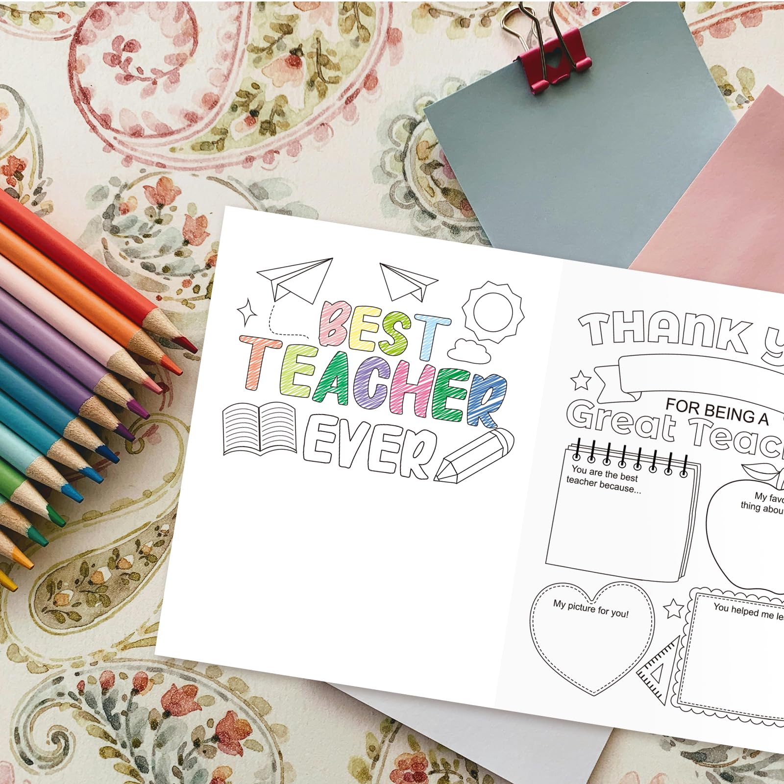 ceiba tree 12Pcs Coloring Teacher Thank You Cards Kindergarten Teachers Appreciation Week Funny Fill In The Blanks Cards with Envelopes and Stickers Gifts for End of The Year Graduation - Image 8