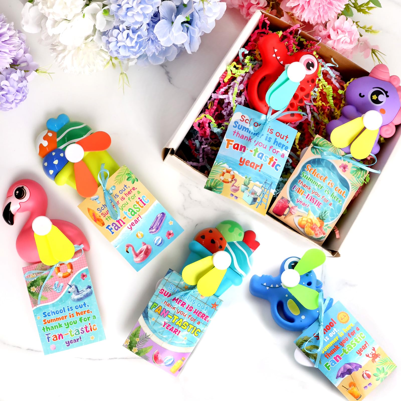 ceiba tree 24 Pcs End of School Year Student Summer Gifts for Kids from Teacher Mini Portable Fans with 24 Cards Manual Cooling Handheld Fans Hand Pressing - Image 7