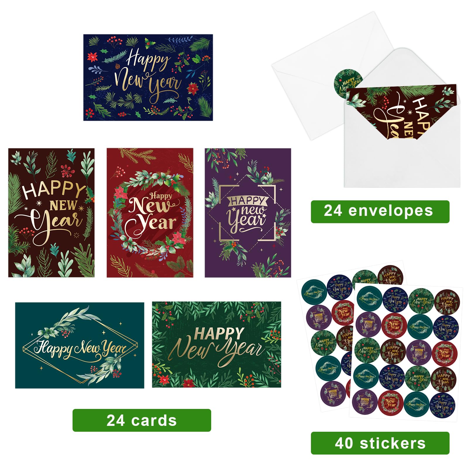 ceiba tree 24Pcs Happy New Year Greeting Cards Bulk 2026 Holiday Gold Foiled Cards with Envelopes and Stickers for New Years Eve Party Supplies Office Business School Classroom - Image 3