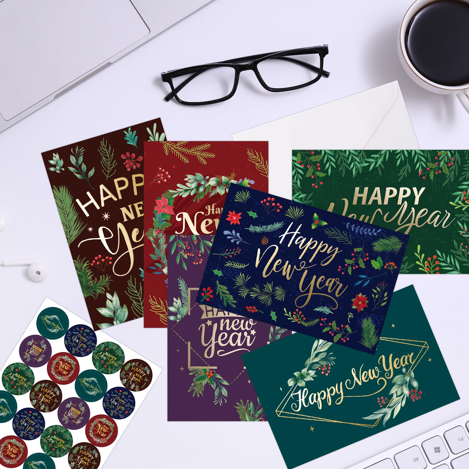 ceiba tree 24Pcs Happy New Year Greeting Cards Bulk 2026 Holiday Gold Foiled Cards with Envelopes and Stickers for New Years Eve Party Supplies Office Business School Classroom - Image 4