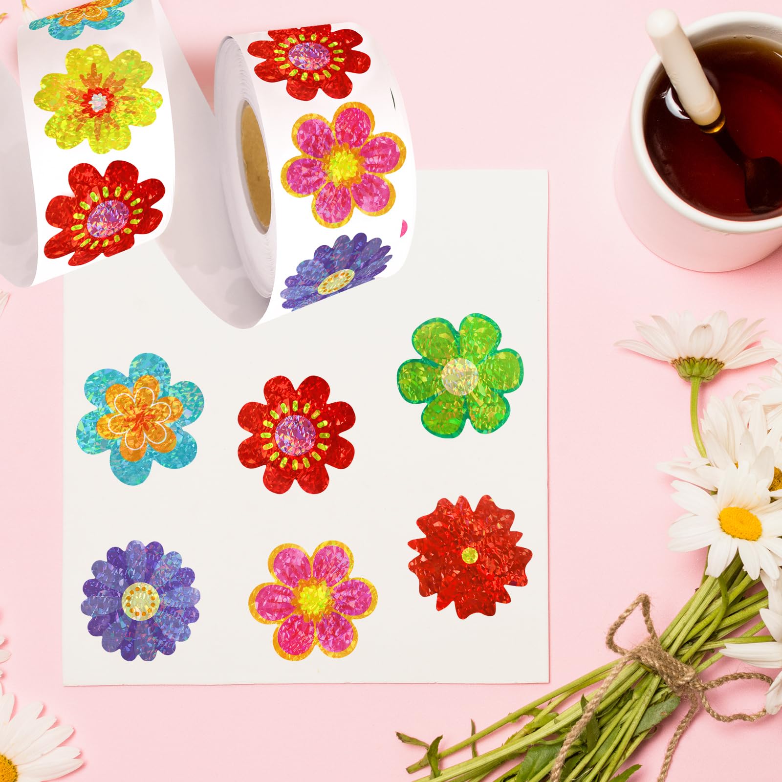 Ceiba Tree 500Pcs Glitter Flower Stickers Roll for Kids Spring Foil Shiny Floral Labels Sticker for Envelopes Cards Spring Summer Party Supply Decoration Teacher Reward - Image 7