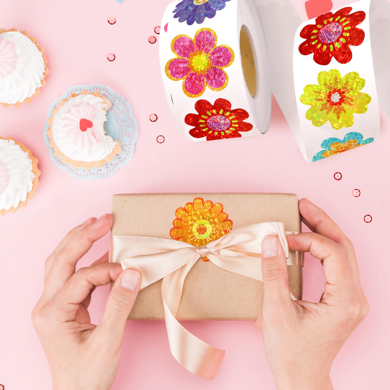 Ceiba Tree 500Pcs Glitter Flower Stickers Roll for Kids Spring Foil Shiny Floral Labels Sticker for Envelopes Cards Spring Summer Party Supply Decoration Teacher Reward - Image 9