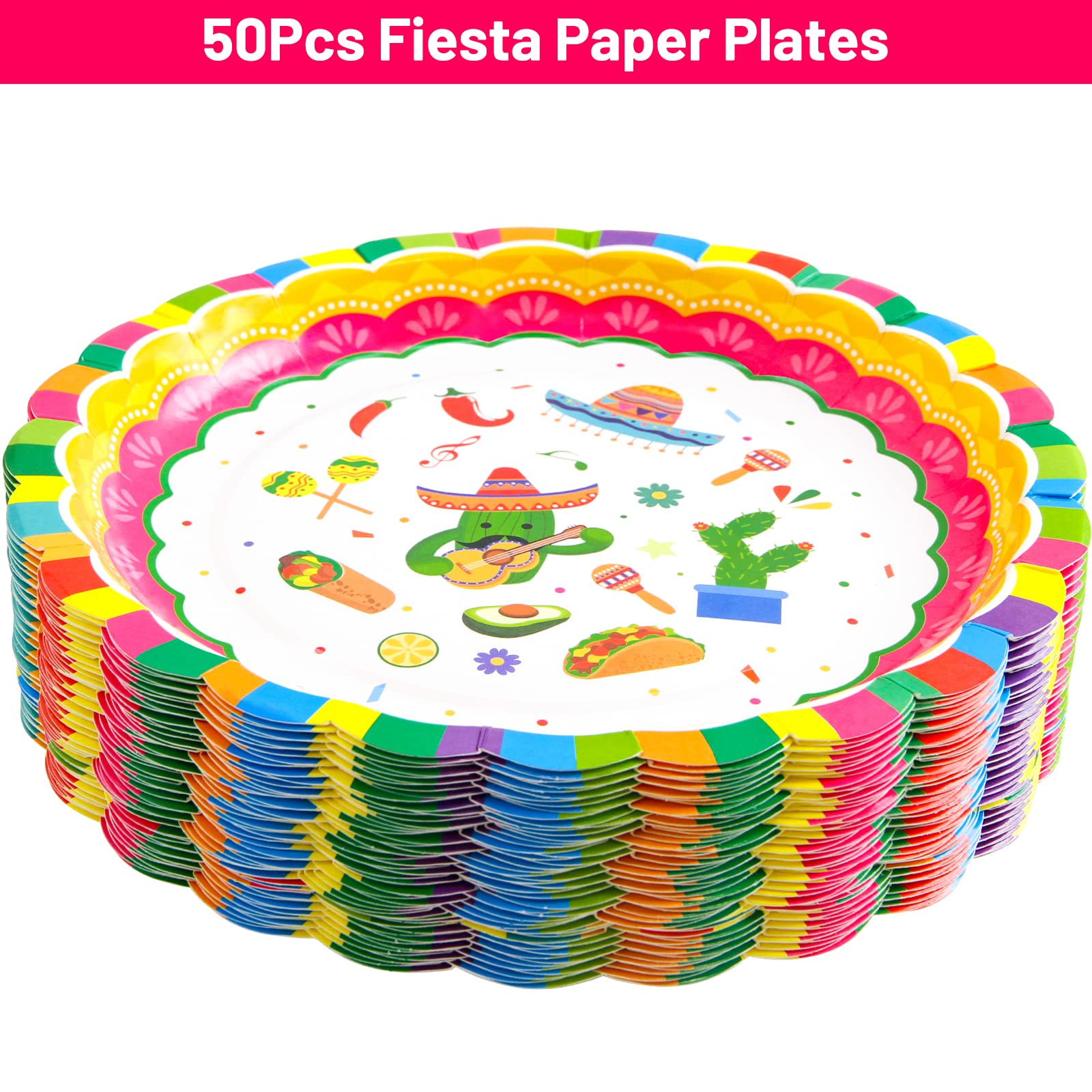 ceiba tree 50Pcs Mexican Fiesta Paper Plates Cinco de Mayo Disposable 9 Inch Fiesta Dinner Dessert Plates Pinata Mexico Taco Dinner Dance Party Tableware Decorations Supplies - Image 3