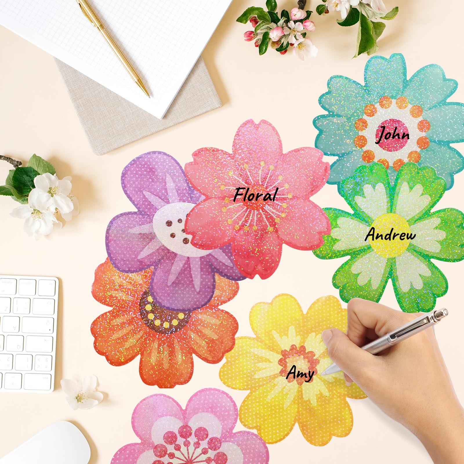 Ceiba Tree 54Pcs Flower Cutouts Glitter Watercolor Flowers Bulletin Board Decorations Spring Floral Cut-Outs for Party Home Classroom Back to School Decor - Image 5