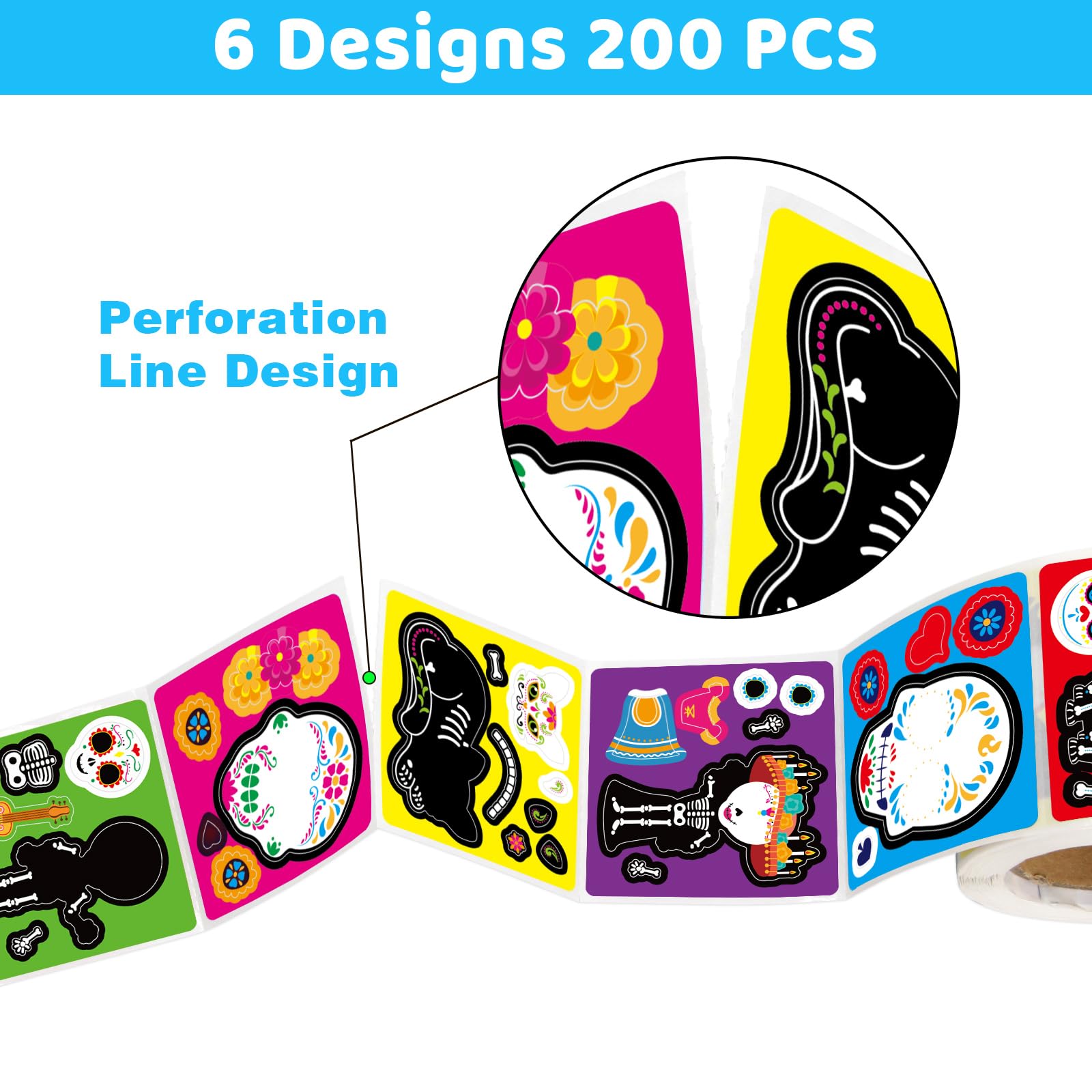 Ceiba Tree Day of Dead Stickers for Kids Make A Skull Sticker Rolled Mexican Fiesta Scene Stickers 200Pcs for Classroom Home School Party - Image 3