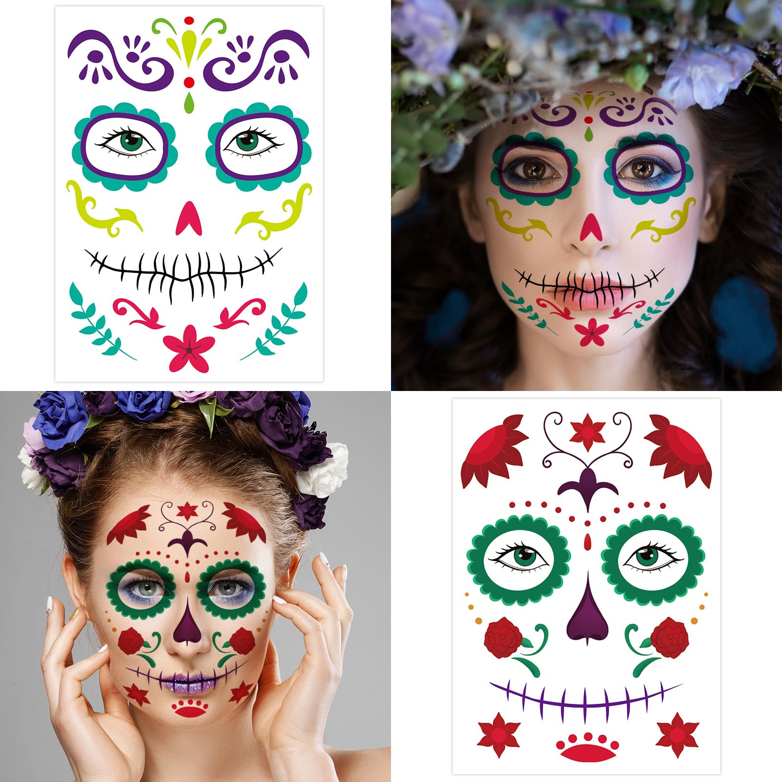 Ceiba Tree Day of Dead Tattoos Halloween Temporary Sugar Skull Face Tattoos Skeleton Floral Full Skull Face Mask Stickers Party Supplies - Image 3