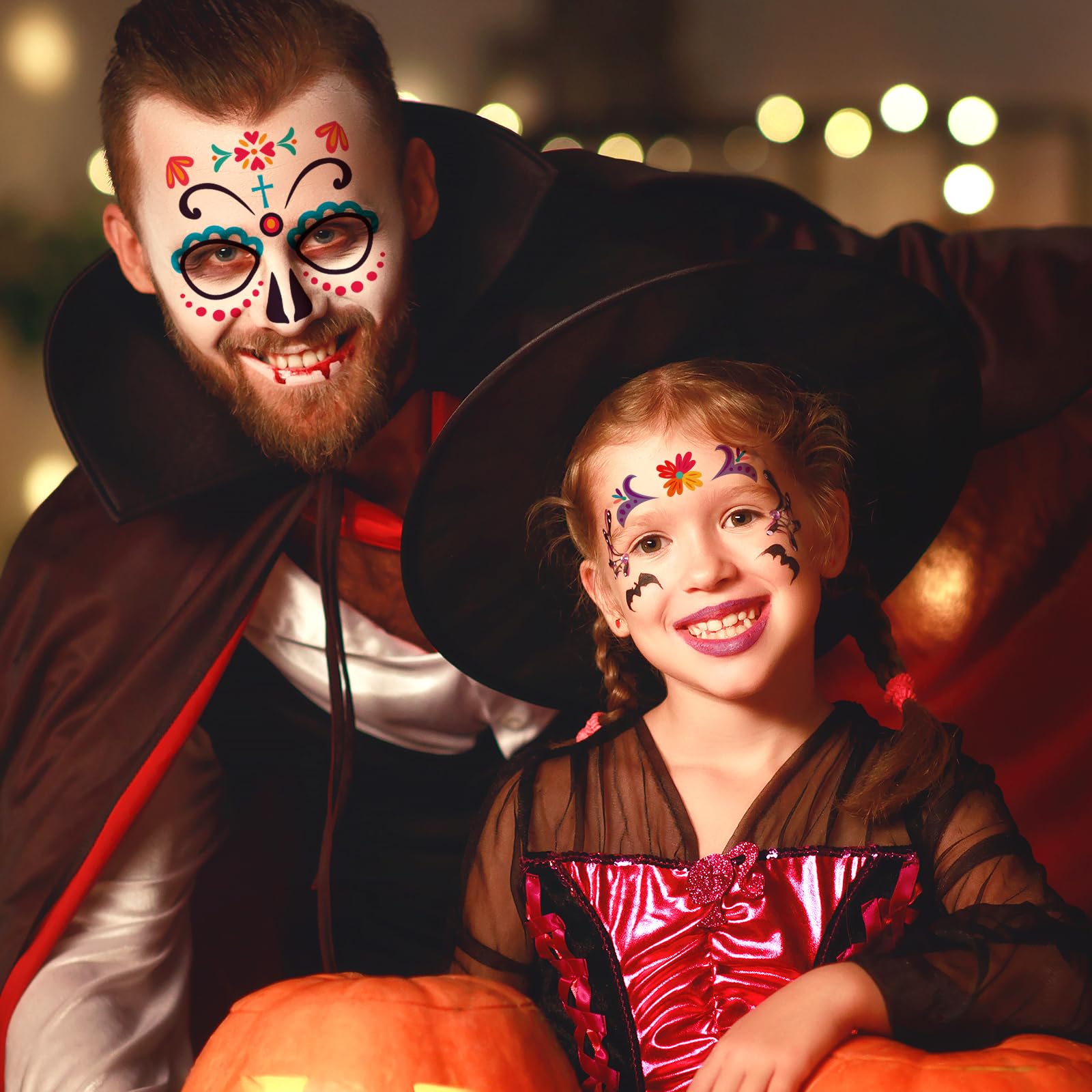 Ceiba Tree Day of Dead Tattoos Halloween Temporary Sugar Skull Face Tattoos Skeleton Floral Full Skull Face Mask Stickers Party Supplies - Image 5