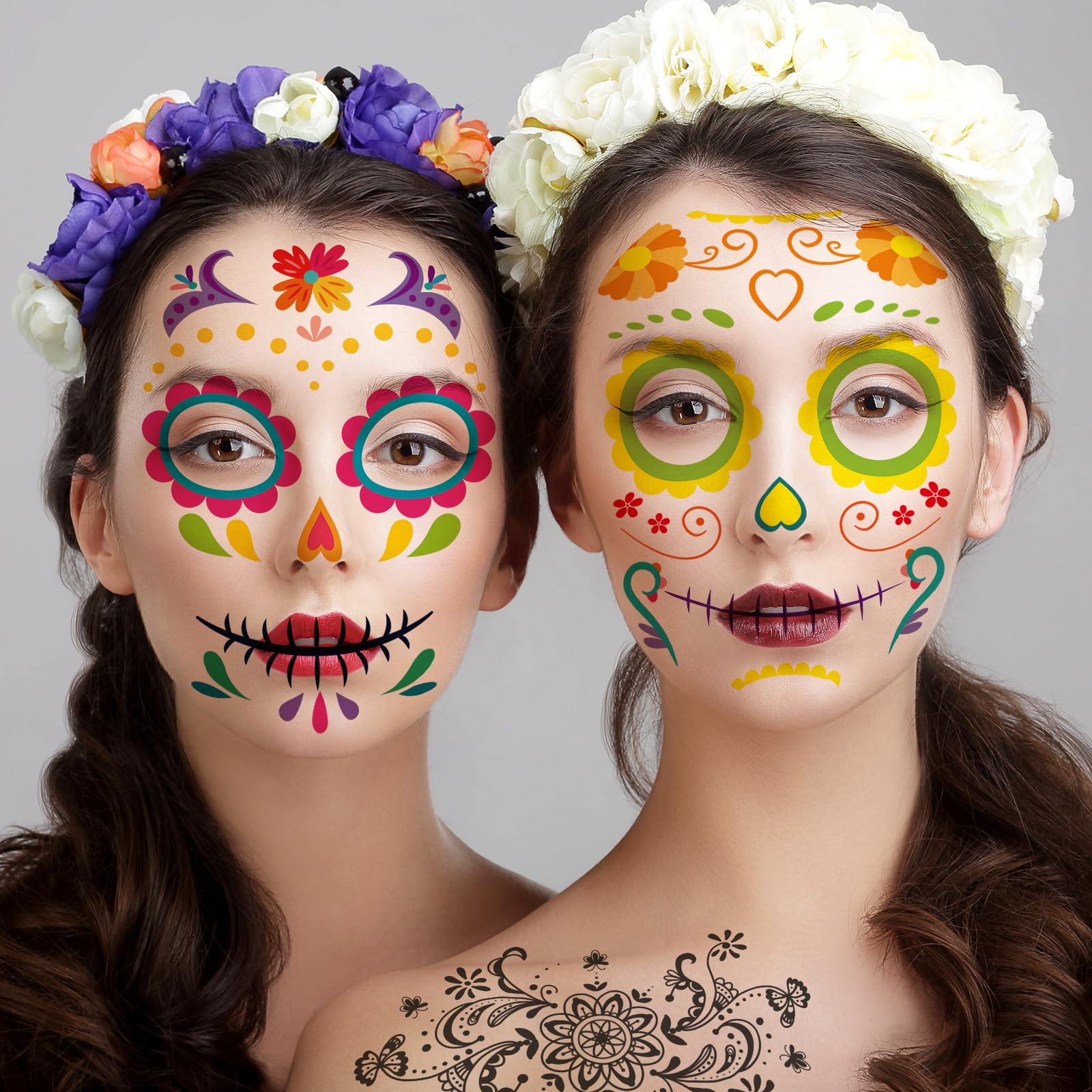 Ceiba Tree Day of Dead Tattoos Halloween Temporary Sugar Skull Face Tattoos Skeleton Floral Full Skull Face Mask Stickers Party Supplies - Image 6