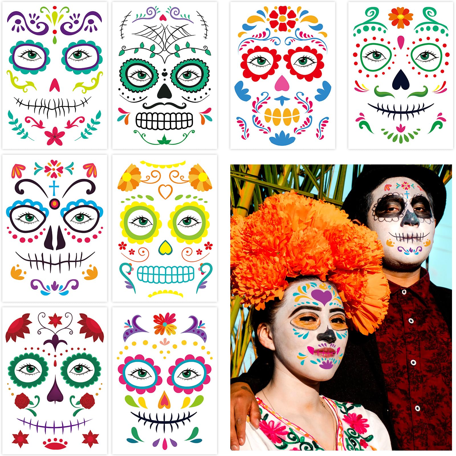 Ceiba Tree Day of Dead Tattoos Halloween Temporary Sugar Skull Face Tattoos Skeleton Floral Full Skull Face Mask Stickers Party Supplies - Image 8