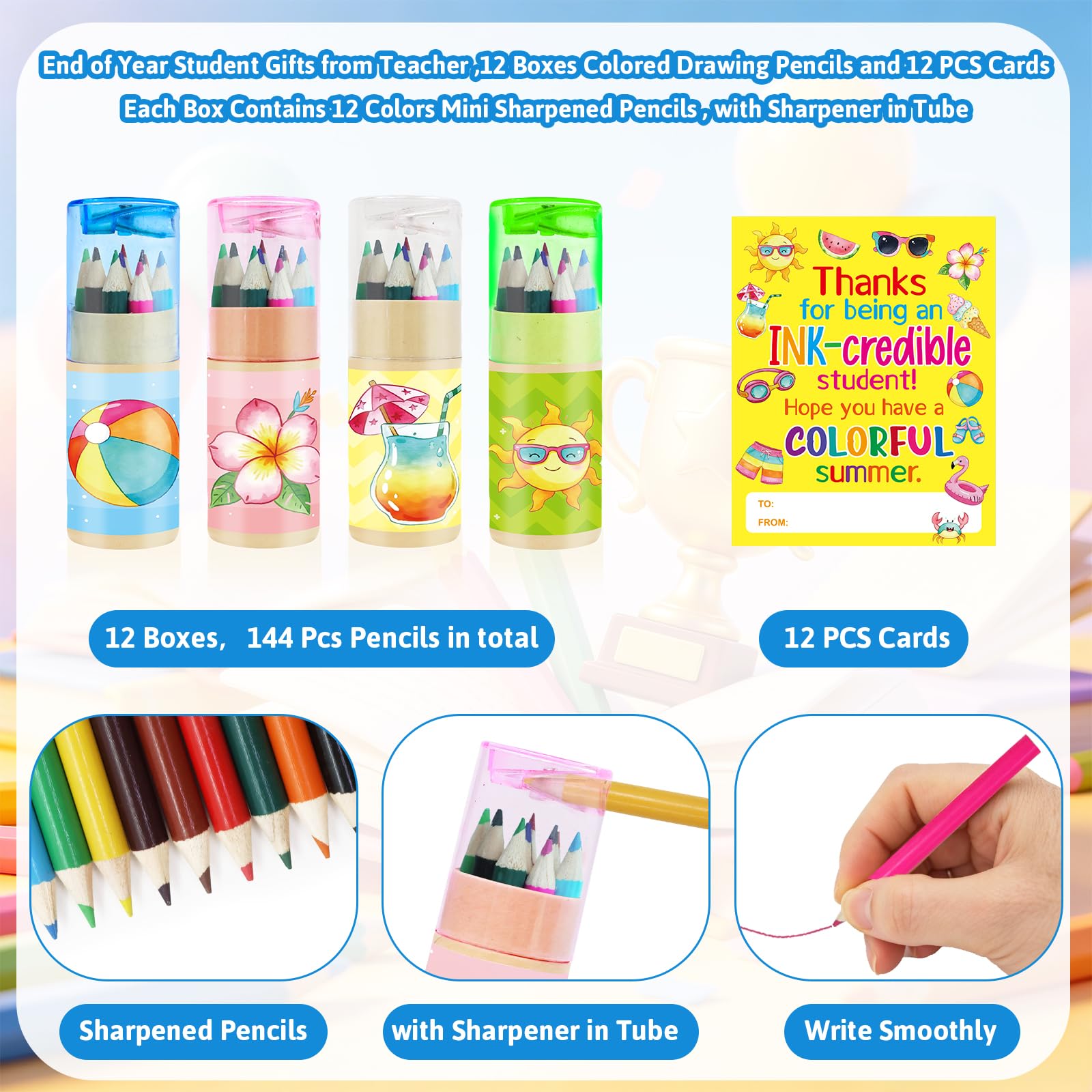 ceiba tree End of School Year Student Summer Gifts Pencils from Teacher Kindergarten Preschool Graduation Gifts for Kids Bulk 12 Boxes Mini Sharpened Colors Pencils with Cards Classroom Supplies - Image 3