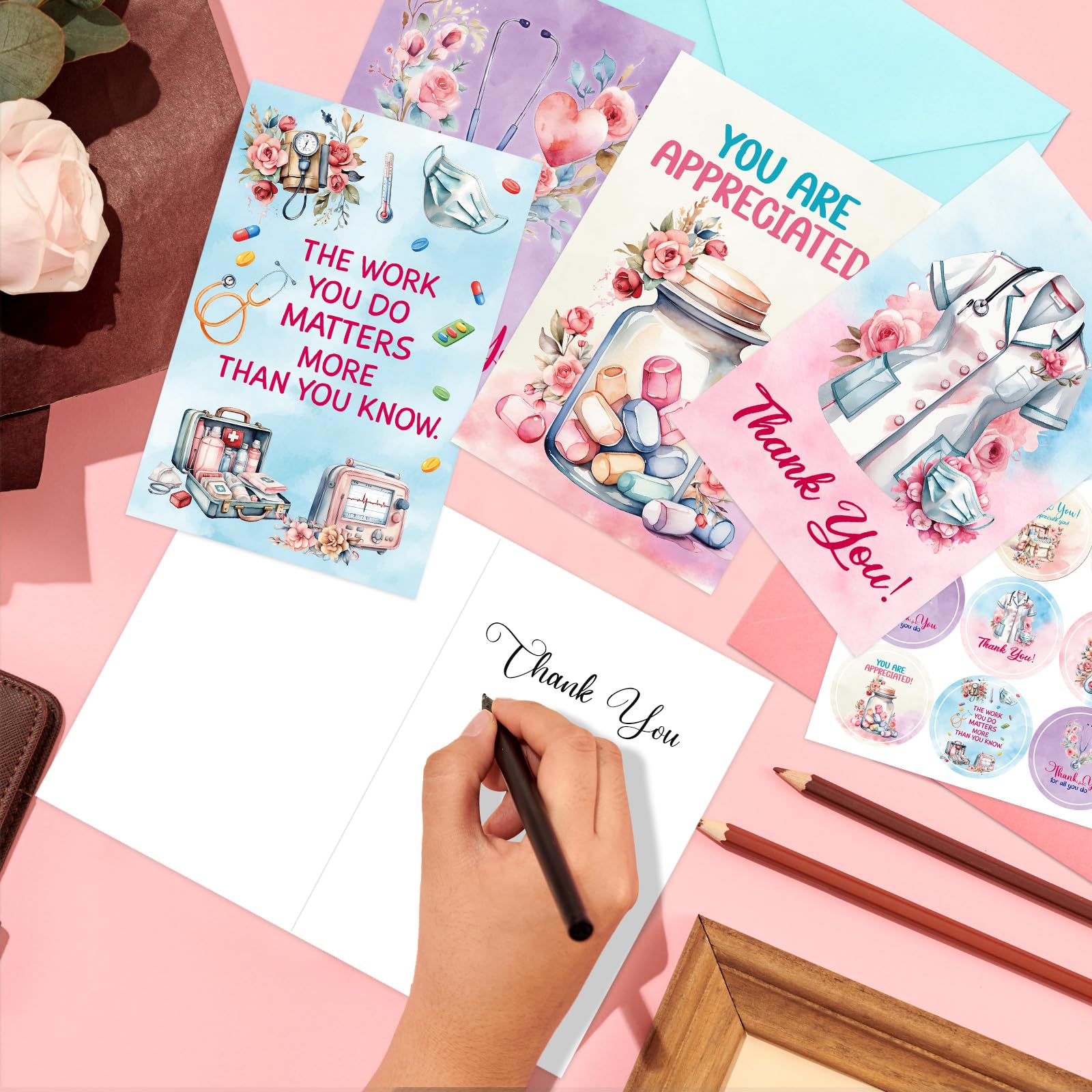 ceiba tree Floral Nurses Thank You Cards 24Pcs Medical Healthcare Workers Appreciation Greeting Cards with Envelopes and Stickers Thank You Notescard for Doctors Nurse - Image 4