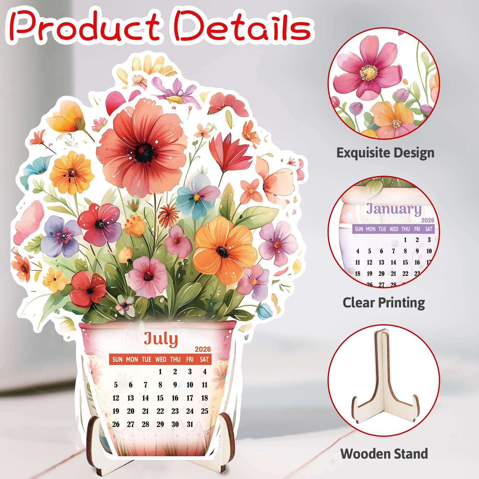 Ceiba Tree Flower Desk Calendar 2026 Removable Flower Vase Shaped New Year Monthly Calendar for Home Office - Image 3