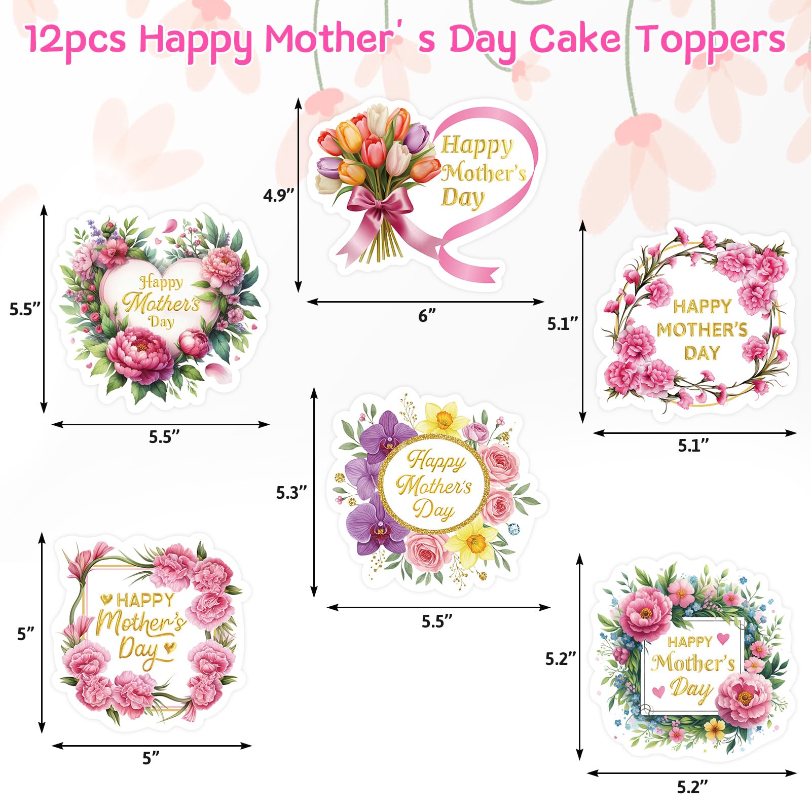 Ceiba Tree Happy Mother's Day Cake Toppers Picks Decorations 6 inch Mothers Day Topper 12 PCS Party Supplies Mom Heart Flower Designs - Image 3