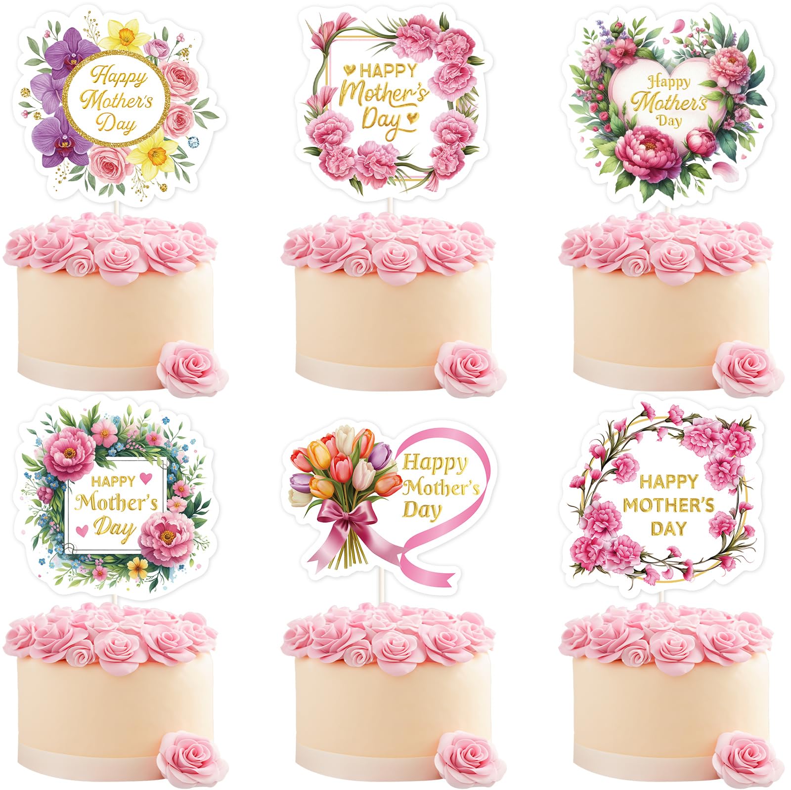 Ceiba Tree Happy Mother's Day Cake Toppers Picks Decorations 6 inch Mothers Day Topper 12 PCS Party Supplies Mom Heart Flower Designs - Image 7