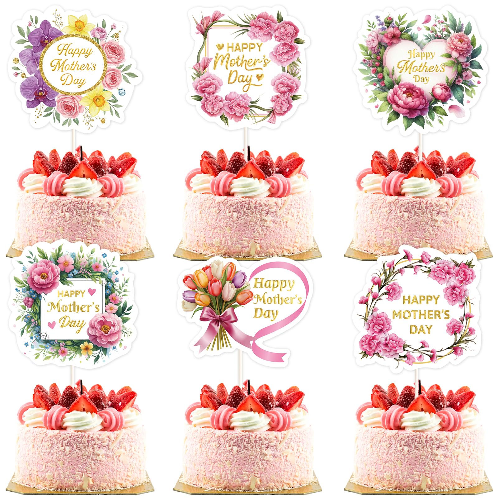 Ceiba Tree Happy Mother's Day Cake Toppers Picks Decorations 6 inch Mothers Day Topper 12 PCS Party Supplies Mom Heart Flower Designs - Image 8