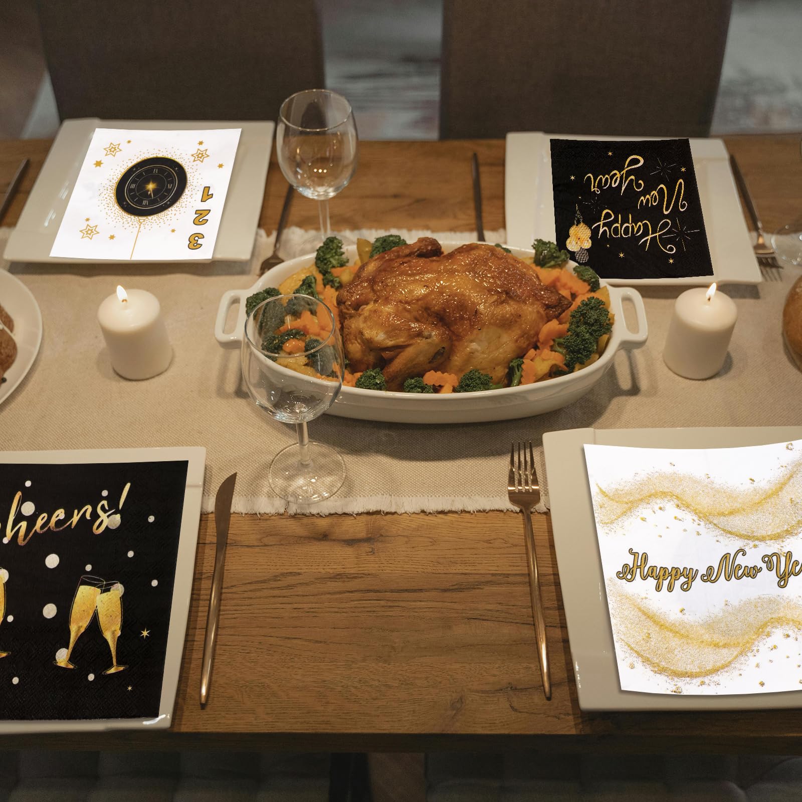 Ceiba Tree Happy New Year Paper Napkins 2026 Disposable Cocktail Beverage Gold and Black Napkins for New Year Eve Party Supplies Decorations Table Decor 48Pcs - Image 6