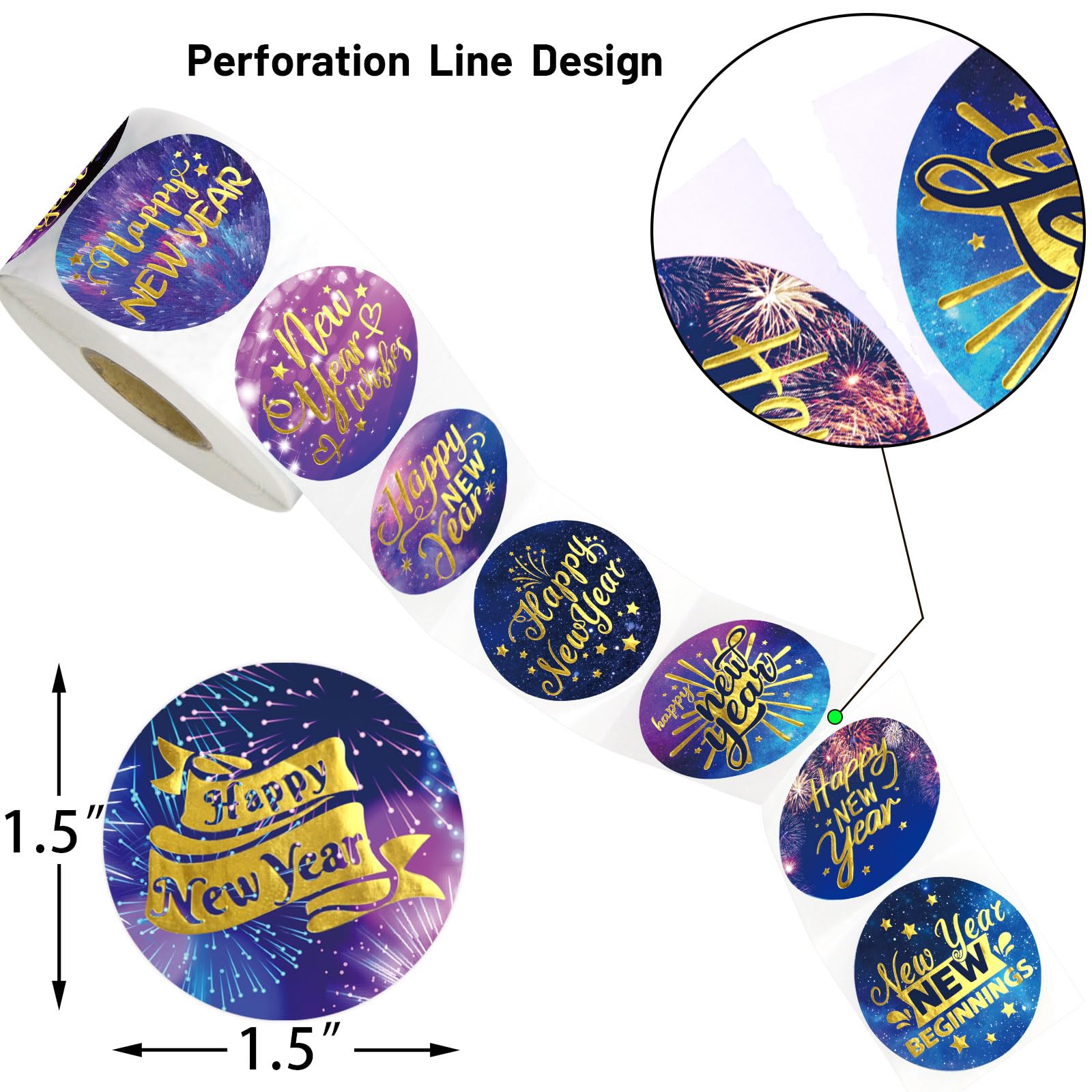 Ceiba Tree Happy New Year Stickers Round Gold Foil New Year Labels for Cards Envelopes Bags - Image 3