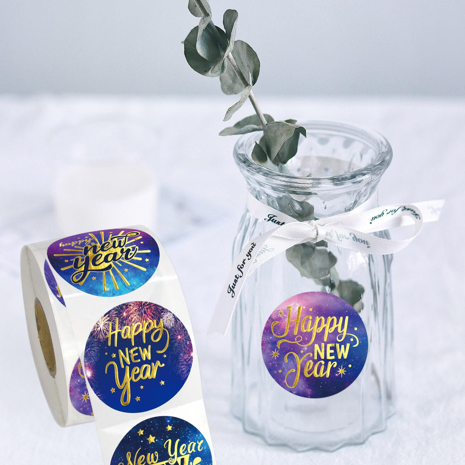 Ceiba Tree Happy New Year Stickers Round Gold Foil New Year Labels for Cards Envelopes Bags - Image 4