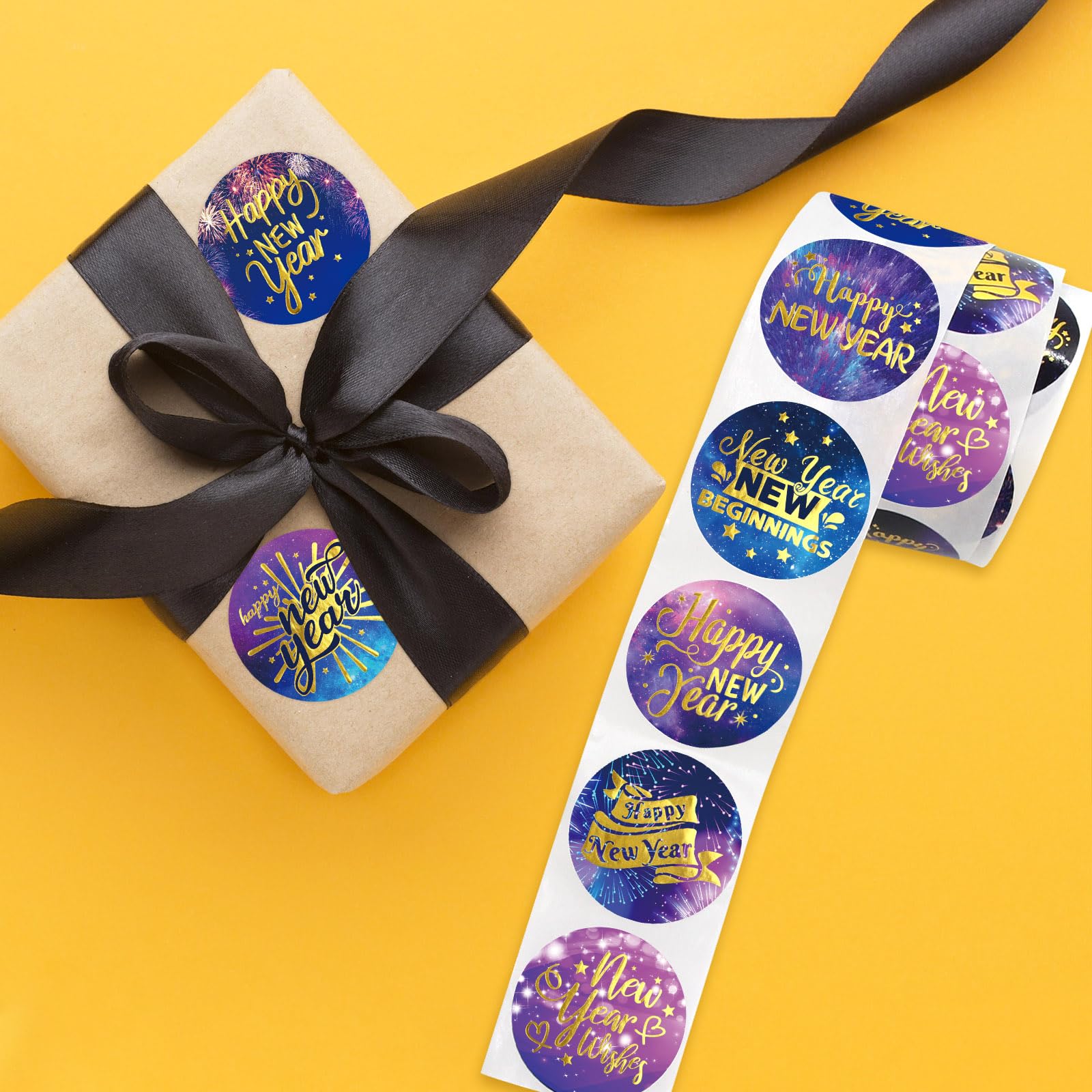 Ceiba Tree Happy New Year Stickers Round Gold Foil New Year Labels for Cards Envelopes Bags - Image 5