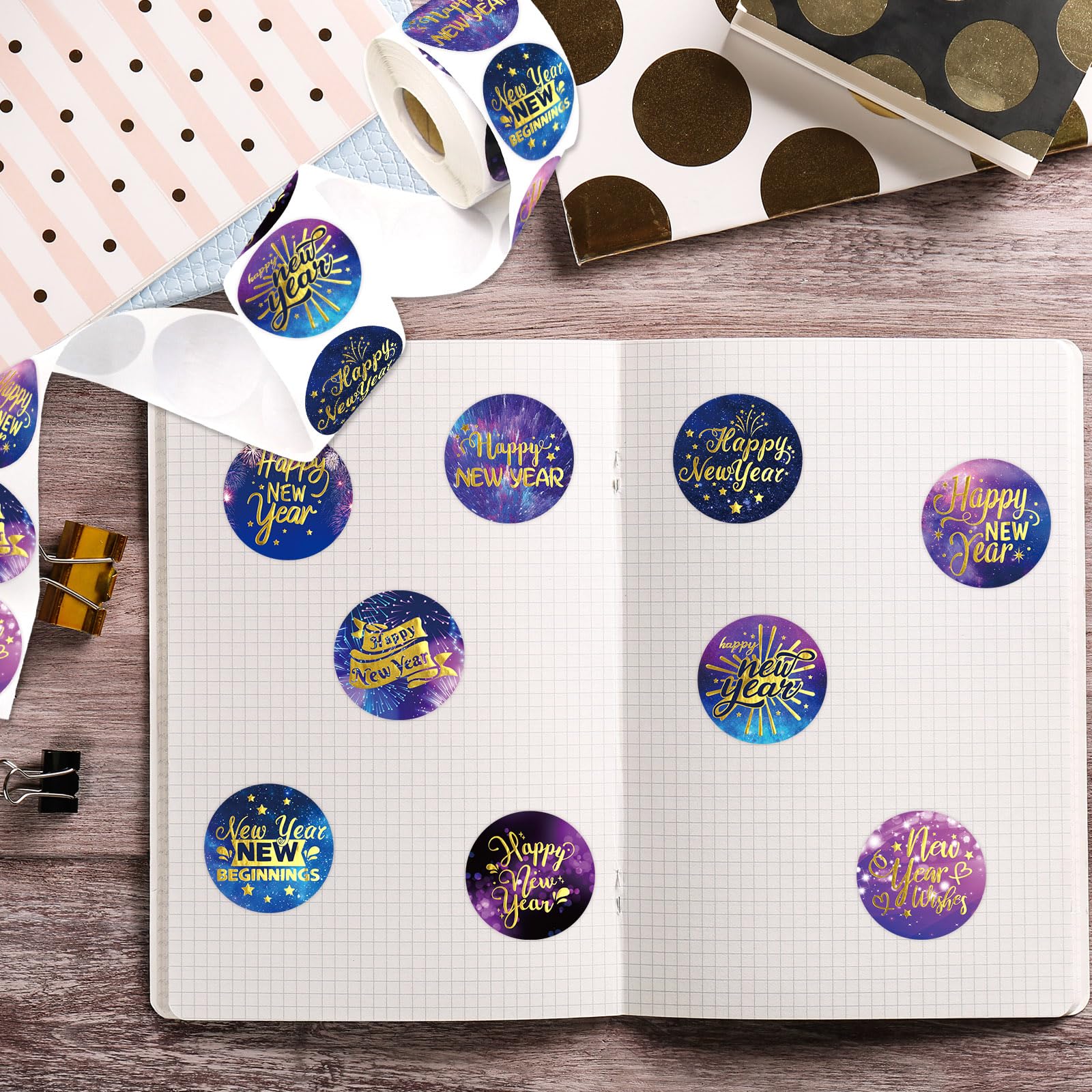 Ceiba Tree Happy New Year Stickers Round Gold Foil New Year Labels for Cards Envelopes Bags - Image 6