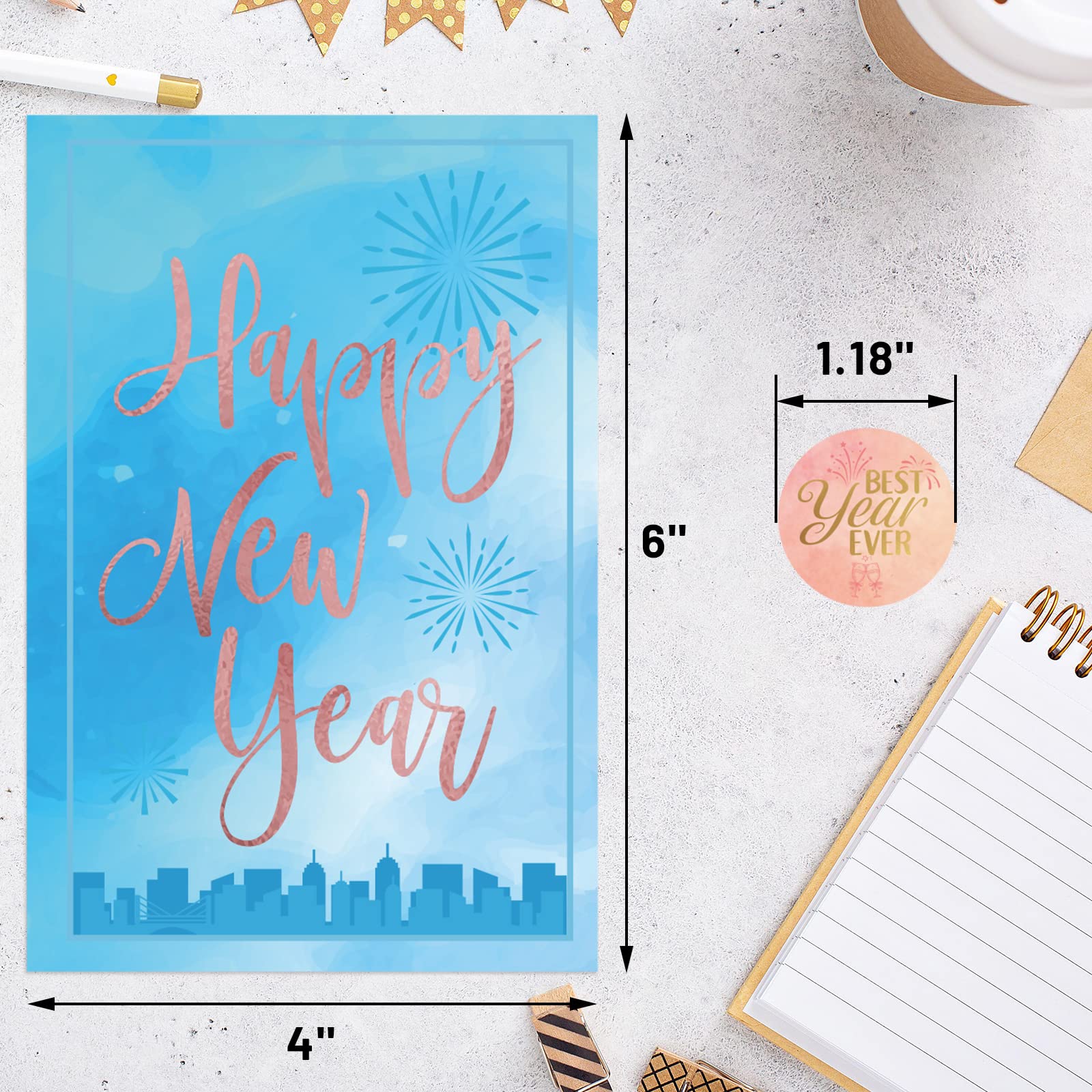 ceiba tree New Year Cards 24 Pack Gold Foil New Years Greeting Card Assorted with Envelopes and Stickers for Office Business - Image 3