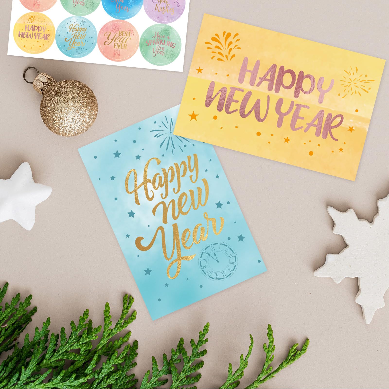 ceiba tree New Year Cards 24 Pack Gold Foil New Years Greeting Card Assorted with Envelopes and Stickers for Office Business - Image 4