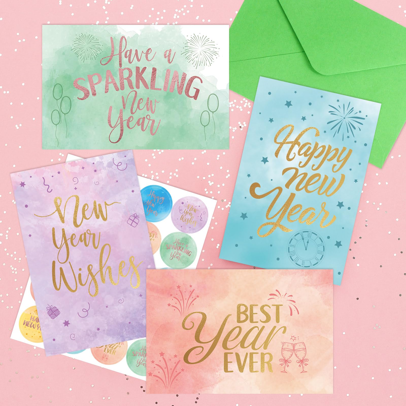 ceiba tree New Year Cards 24 Pack Gold Foil New Years Greeting Card Assorted with Envelopes and Stickers for Office Business - Image 5