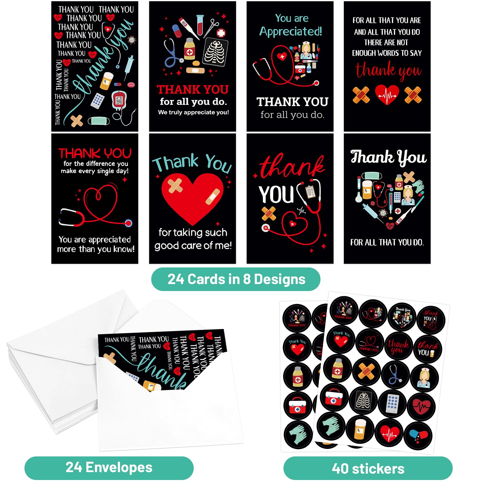 ceiba tree Nurses Thank You Cards 24Pcs Doctors Medical Healthcare Workers Appreciation Greeting Cards with Envelopes and Stickers Thank You Notescard for Nurse Graduation - Image 3