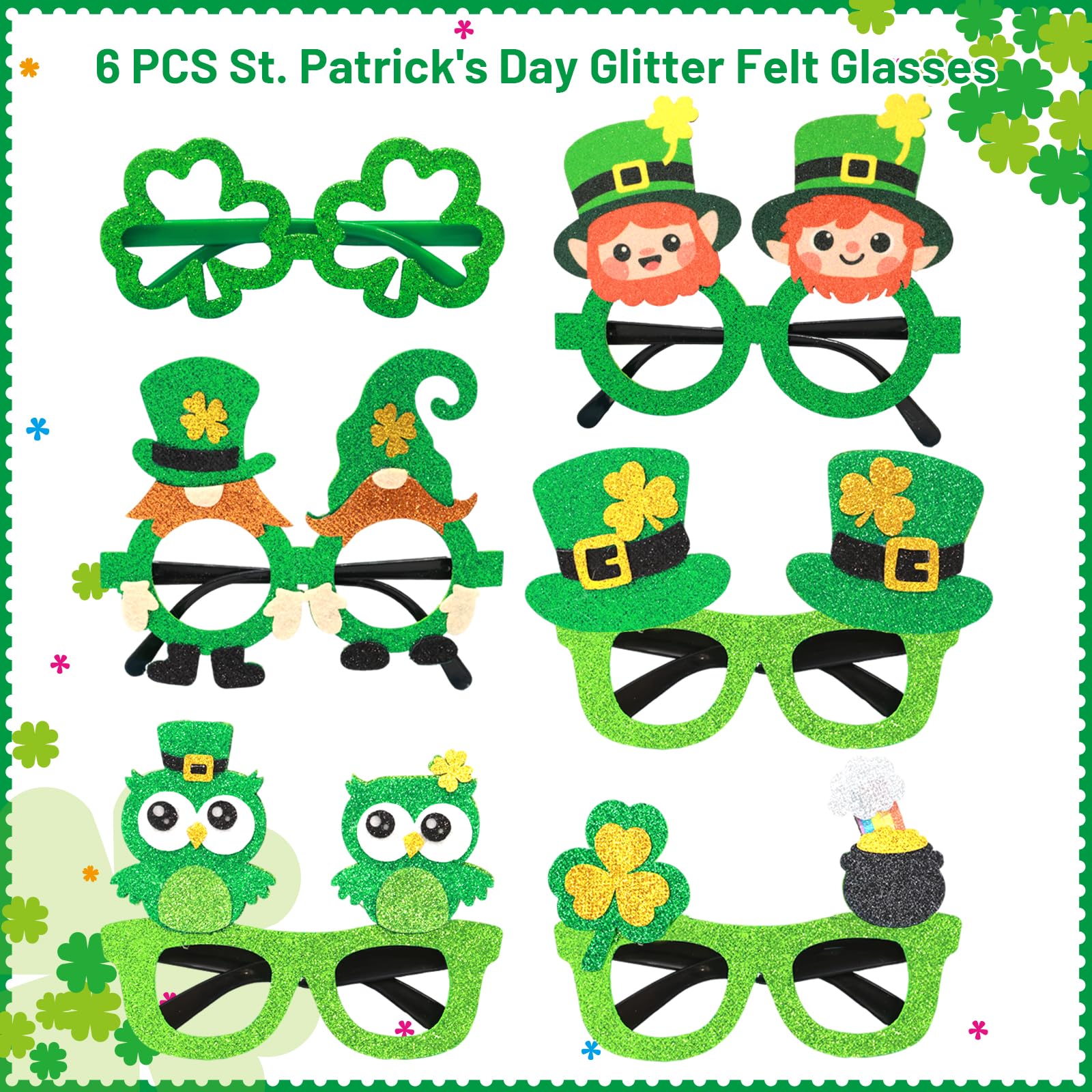 ceiba tree St. Patrick's Day Accessories for Women Kids 6 Felt Headbands 6 Shamrock Glasses 10 Face Stickers Tattoos Saint Patricks Day Irish Party Favors Supplies Costume Headband Photo Booth Props - Image 3