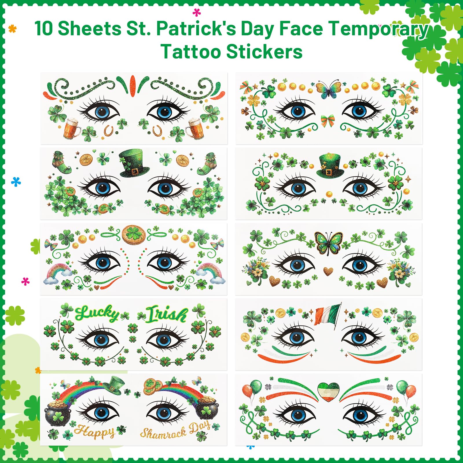 ceiba tree St. Patrick's Day Accessories for Women Kids 6 Felt Headbands 6 Shamrock Glasses 10 Face Stickers Tattoos Saint Patricks Day Irish Party Favors Supplies Costume Headband Photo Booth Props - Image 4