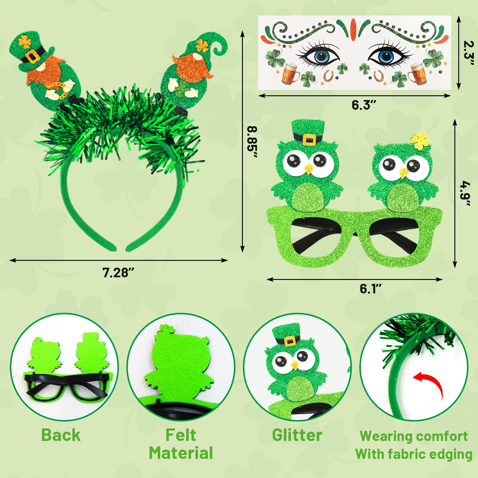 ceiba tree St. Patrick's Day Accessories for Women Kids 6 Felt Headbands 6 Shamrock Glasses 10 Face Stickers Tattoos Saint Patricks Day Irish Party Favors Supplies Costume Headband Photo Booth Props - Image 5