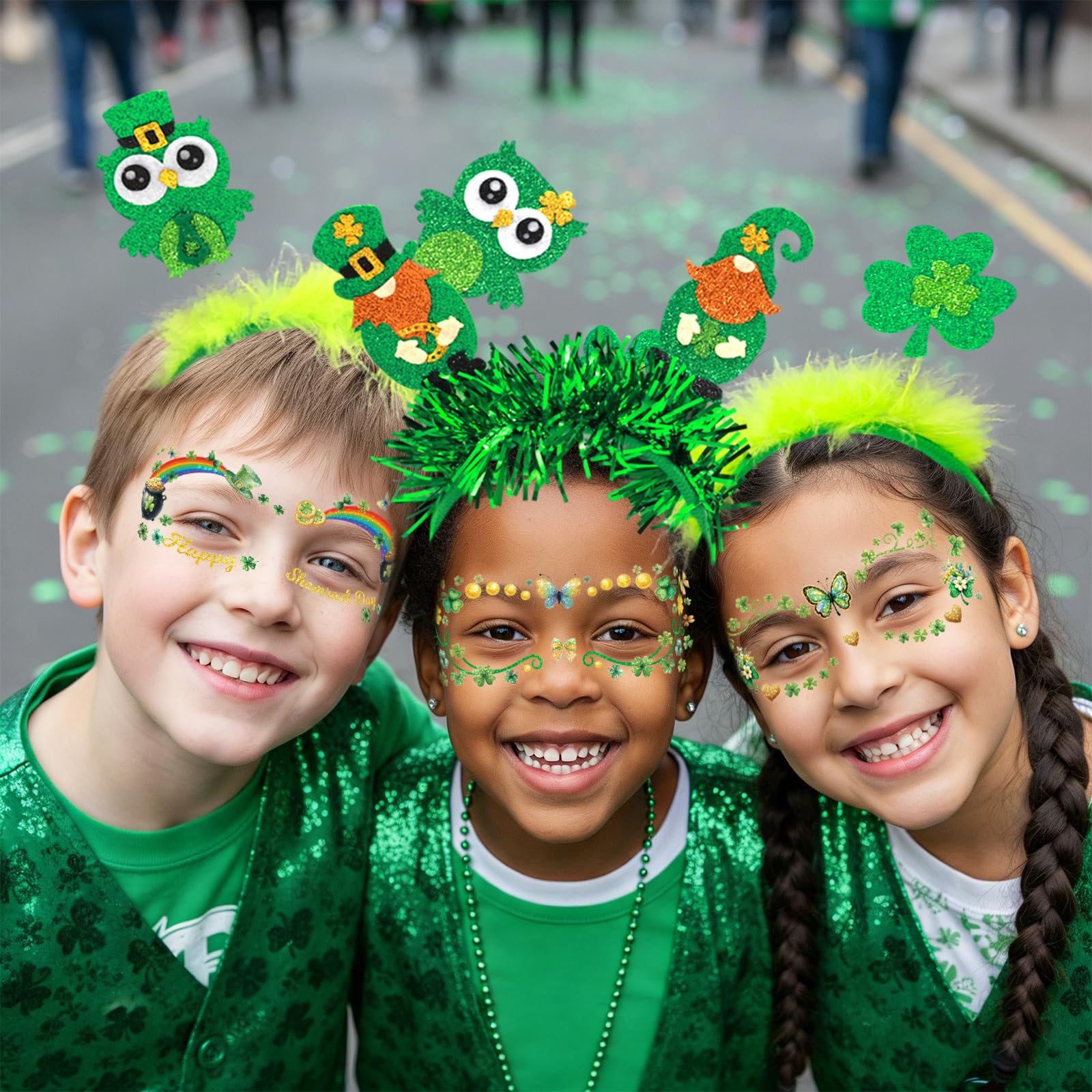 ceiba tree St. Patrick's Day Accessories for Women Kids 6 Felt Headbands 6 Shamrock Glasses 10 Face Stickers Tattoos Saint Patricks Day Irish Party Favors Supplies Costume Headband Photo Booth Props - Image 8
