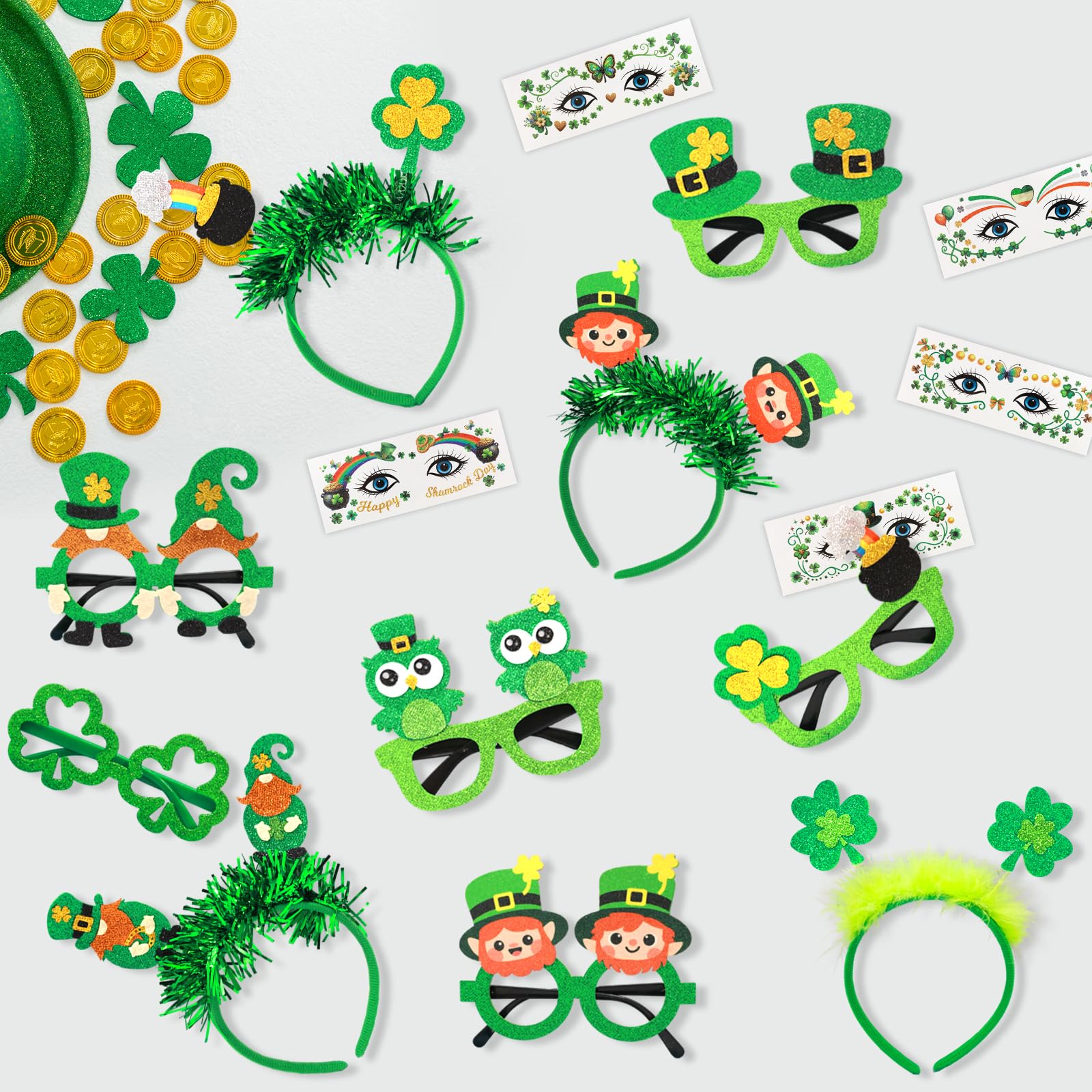 ceiba tree St. Patrick's Day Accessories for Women Kids 6 Felt Headbands 6 Shamrock Glasses 10 Face Stickers Tattoos Saint Patricks Day Irish Party Favors Supplies Costume Headband Photo Booth Props - Image 9