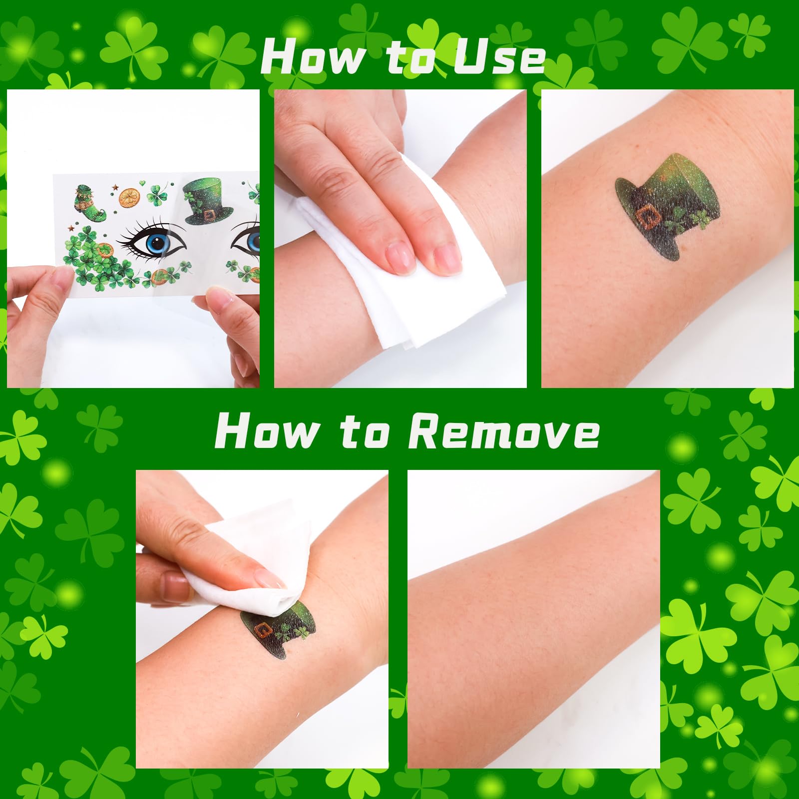 Ceiba Tree St. Patrick's Day Face Stickers Temporary Tattoos 10 Sheets Saint Patrick's Day Irish Shamrock Clover Make up Accessories for Women Kids Party Favors Decorations - Image 3