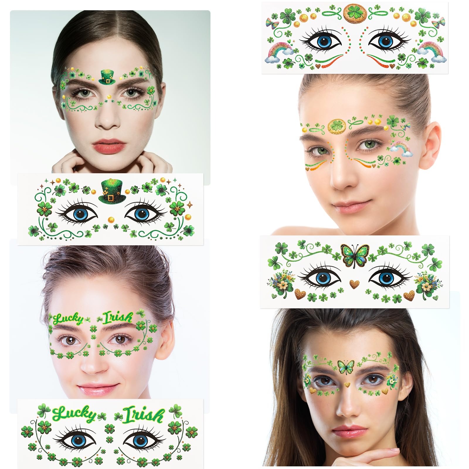 Ceiba Tree St. Patrick's Day Face Stickers Temporary Tattoos 10 Sheets Saint Patrick's Day Irish Shamrock Clover Make up Accessories for Women Kids Party Favors Decorations - Image 6