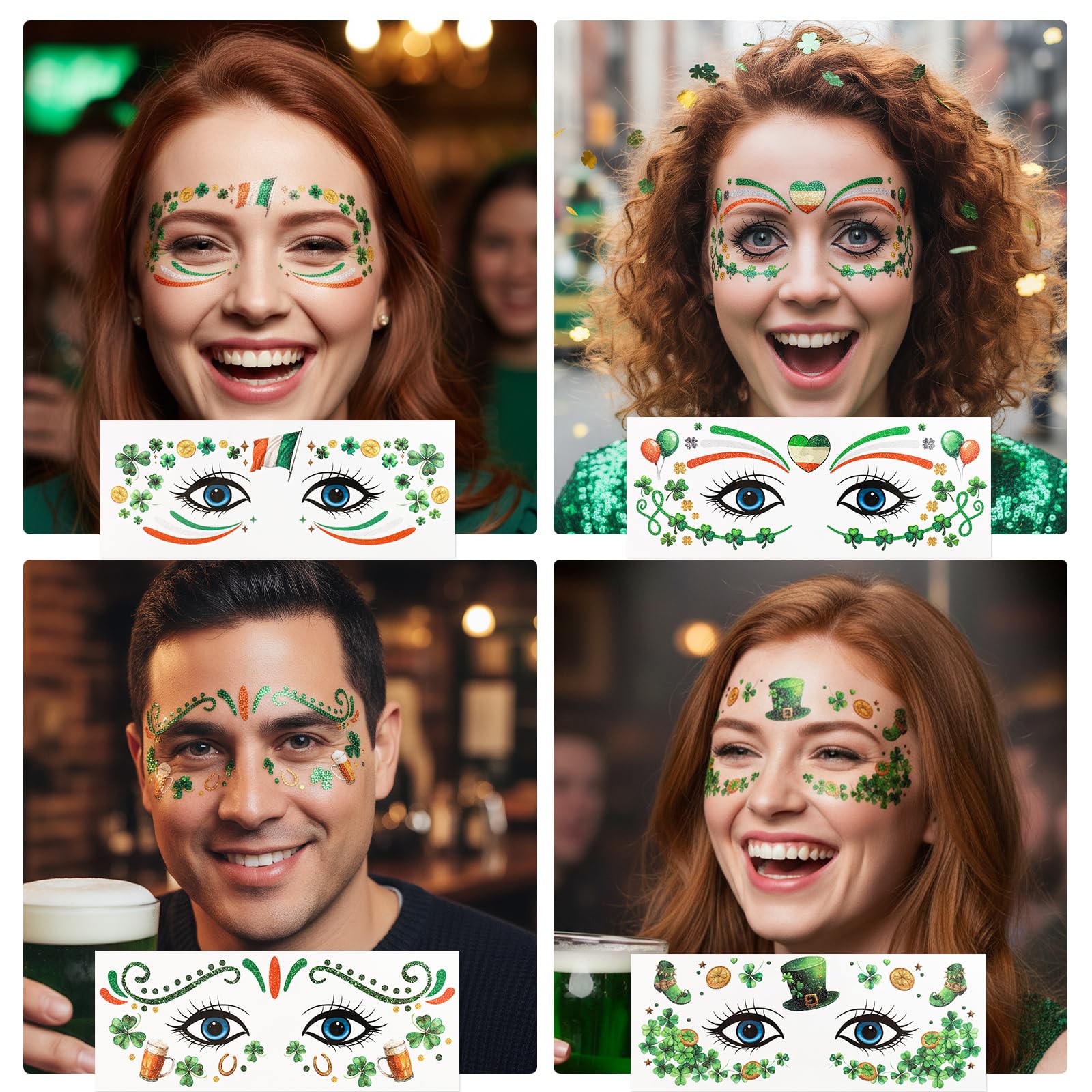 Ceiba Tree St. Patrick's Day Face Stickers Temporary Tattoos 10 Sheets Saint Patrick's Day Irish Shamrock Clover Make up Accessories for Women Kids Party Favors Decorations - Image 7