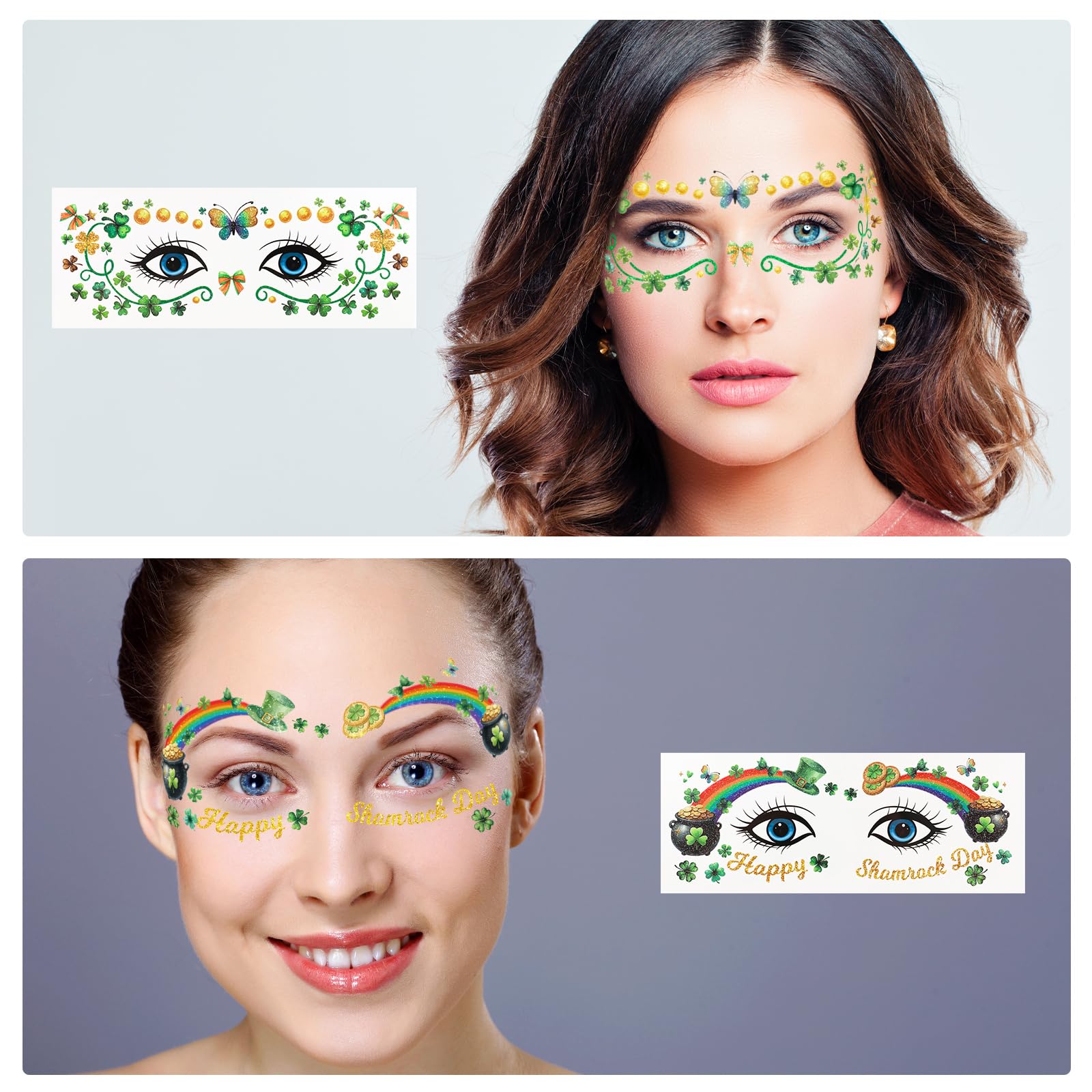 Ceiba Tree St. Patrick's Day Face Stickers Temporary Tattoos 10 Sheets Saint Patrick's Day Irish Shamrock Clover Make up Accessories for Women Kids Party Favors Decorations - Image 8