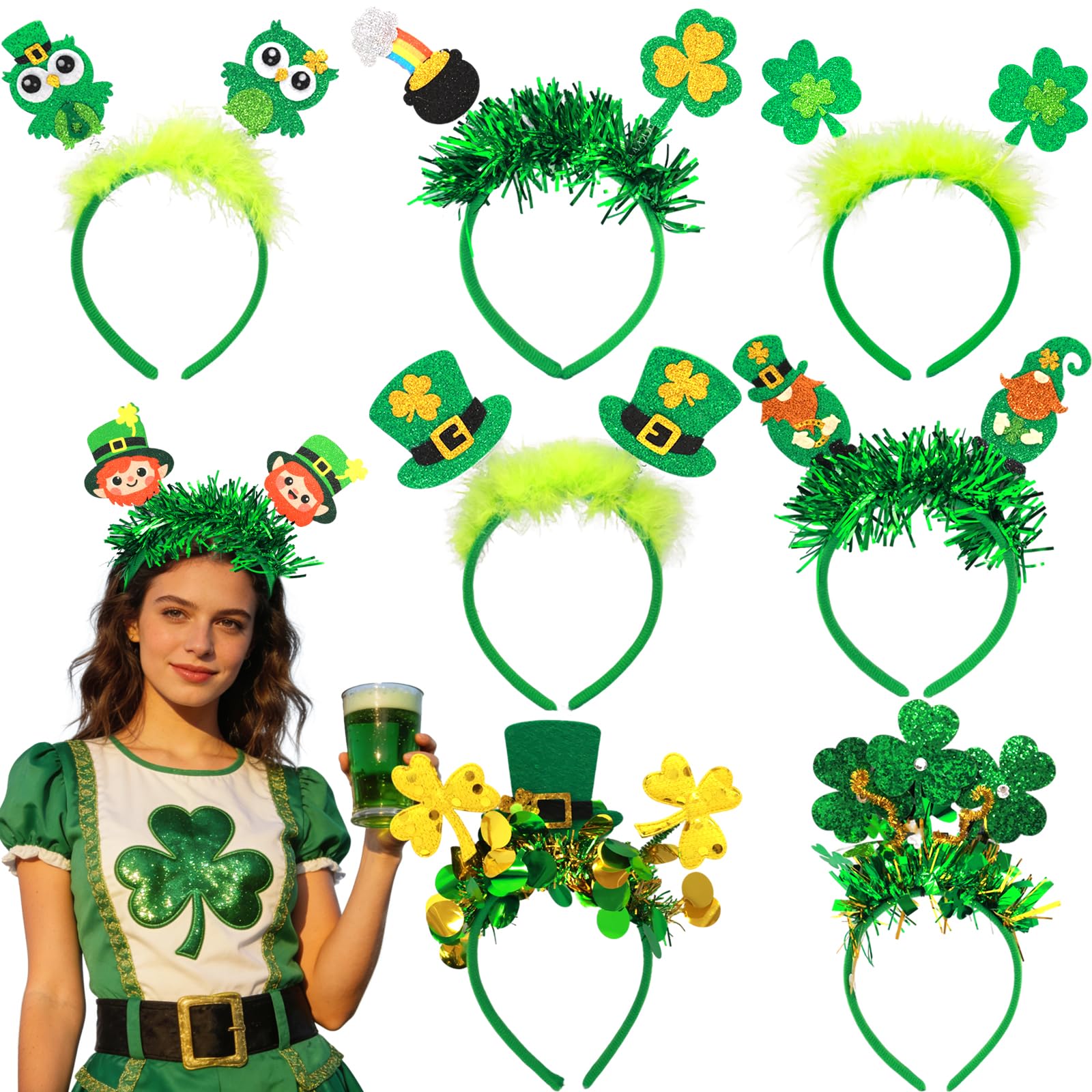 ceiba tree St. Patrick's Day Felt Headbands 8 Pcs Green Shamrock Clover Hats Headband Boppers Irish Headwear Costume Hair Accessories Saint Patricks Day Party Favors for Women Men Kids - Image 9