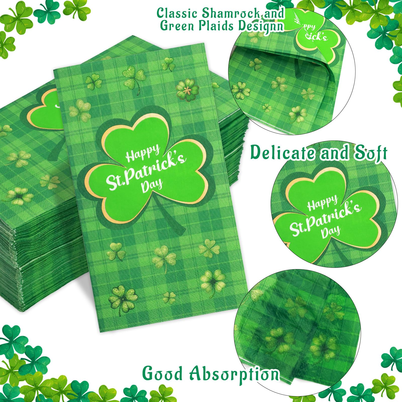 Ceiba Tree St. Patrick's Day Napkins Shamrock Paper Disposable 100 Pcs Irish Green Plaid Luncheon Dinner Kitchen Guest Cocktail Napkins Party Supplies Table Decor 4.3 x 7.8 Inch Folded - Image 6