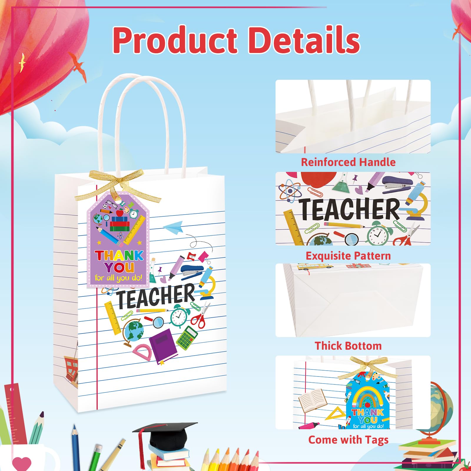 ceiba tree Teacher Appreciation Gift Bags with Handles and Tags 12Pcs Back to School Paper Bags Lined Notebook Theme Treat Bags for Teacher Appreciation Week End of Year Graduation Party Supplies - Image 3