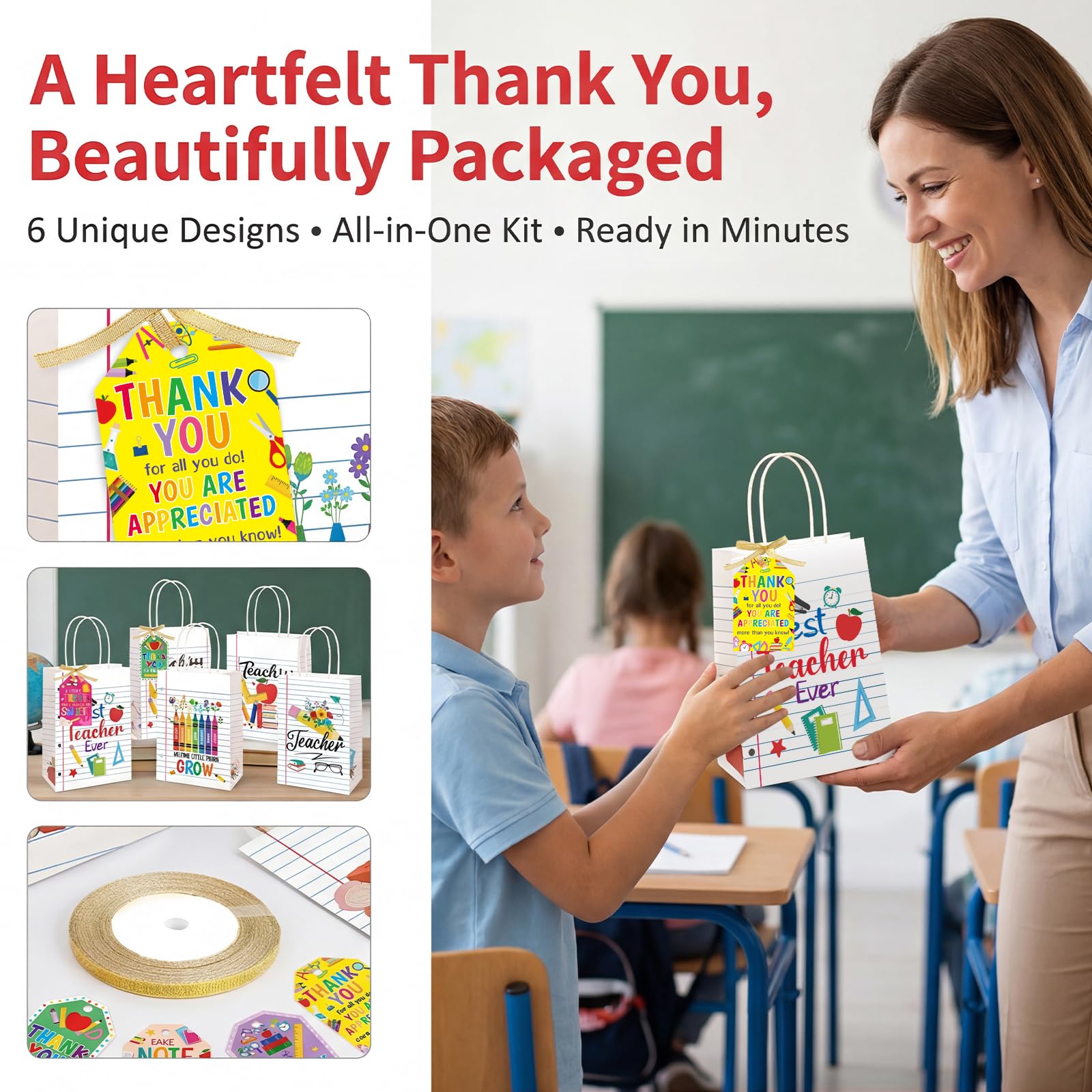 ceiba tree Teacher Appreciation Gift Bags with Handles and Tags 12Pcs Back to School Paper Bags Lined Notebook Theme Treat Bags for Teacher Appreciation Week End of Year Graduation Party Supplies - Image 4