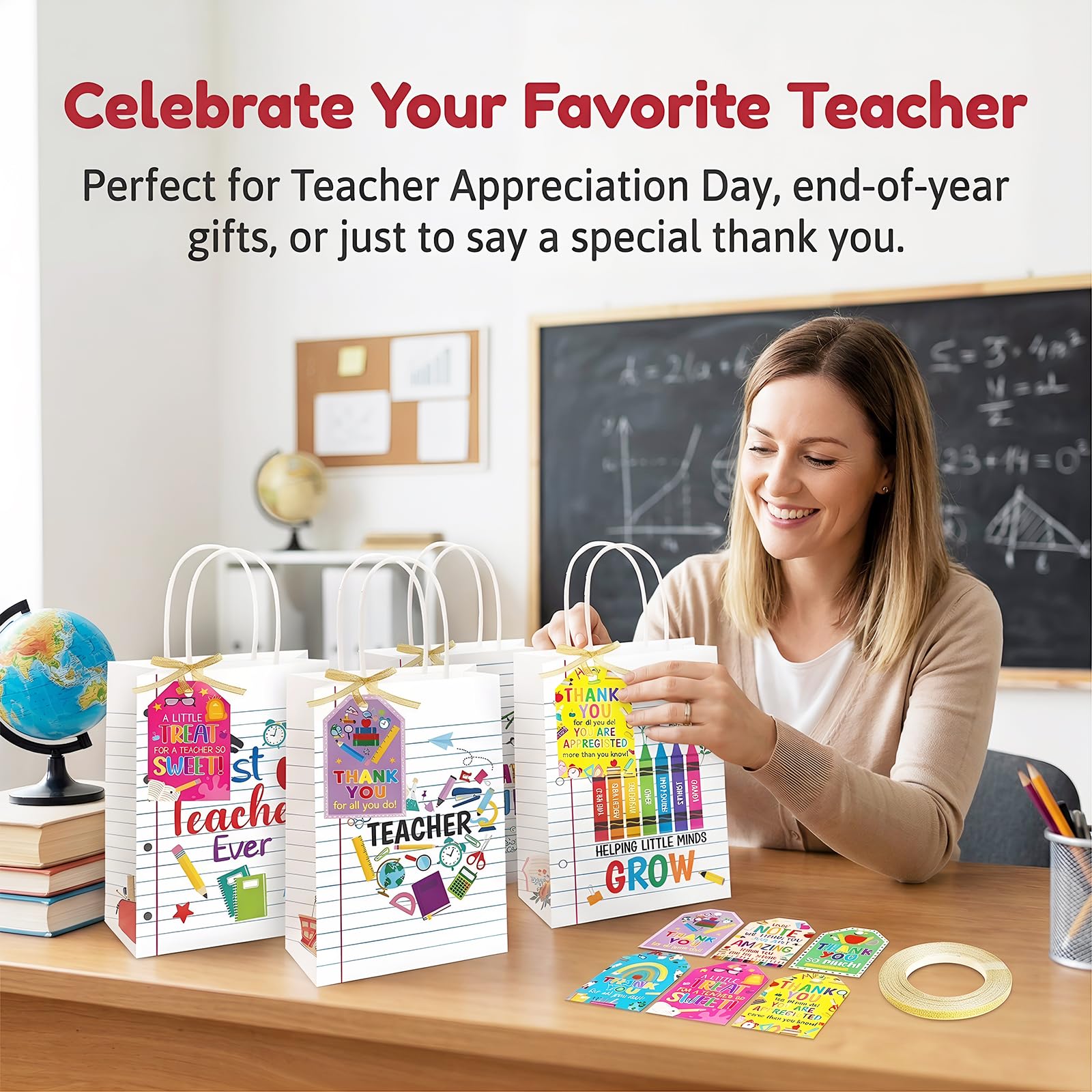ceiba tree Teacher Appreciation Gift Bags with Handles and Tags 12Pcs Back to School Paper Bags Lined Notebook Theme Treat Bags for Teacher Appreciation Week End of Year Graduation Party Supplies - Image 7