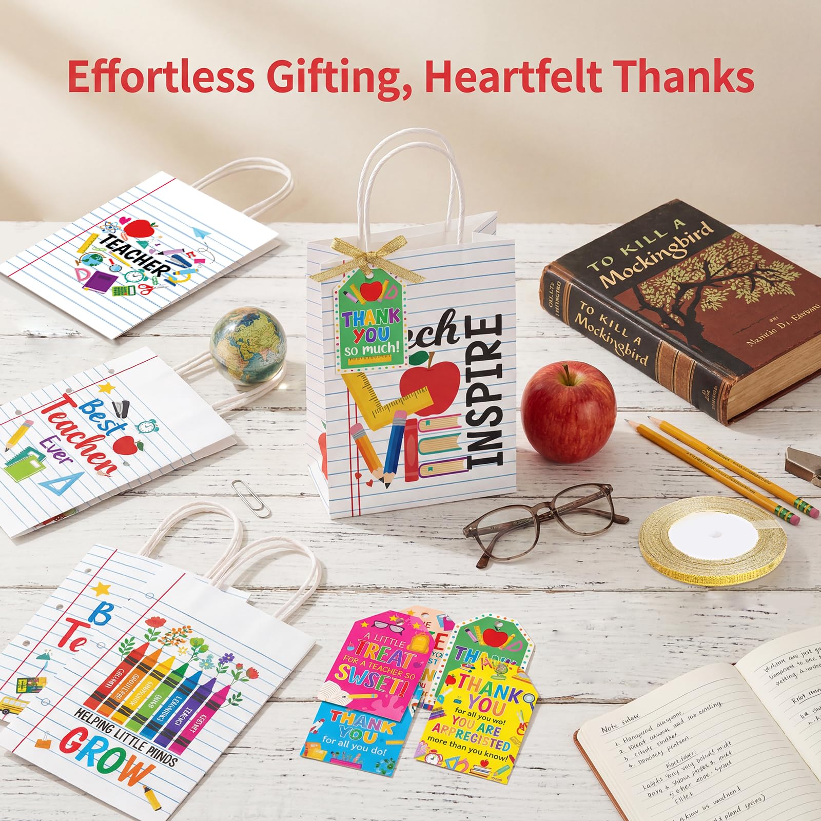 ceiba tree Teacher Appreciation Gift Bags with Handles and Tags 12Pcs Back to School Paper Bags Lined Notebook Theme Treat Bags for Teacher Appreciation Week End of Year Graduation Party Supplies - Image 9