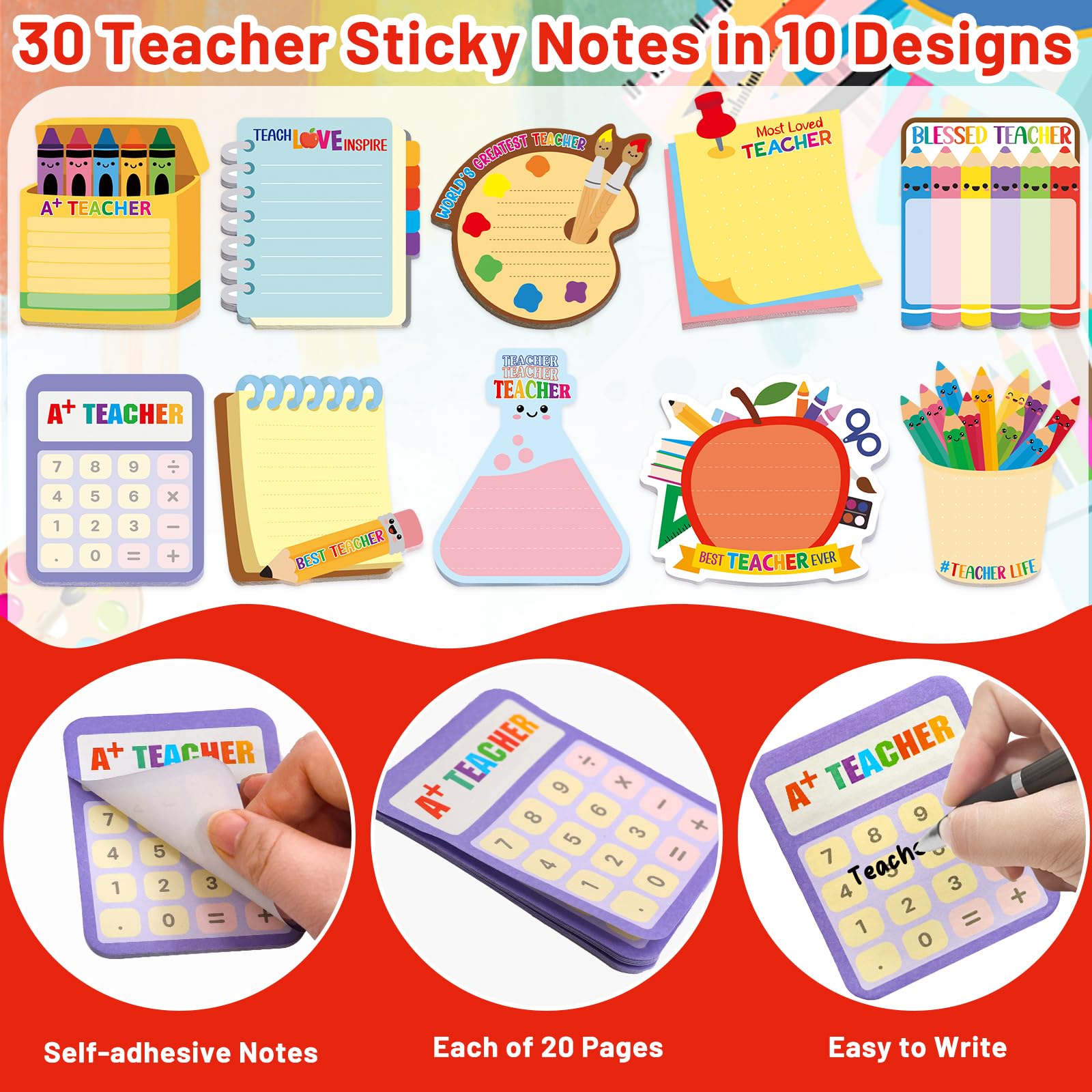 Ceiba Tree Teacher Sticky Notes 30 Pack Colorful Self-Sticky Memo Pads Appreciation Gifts for Graduation Teacher Appreciation Week Back to School Office Supplies - Image 3