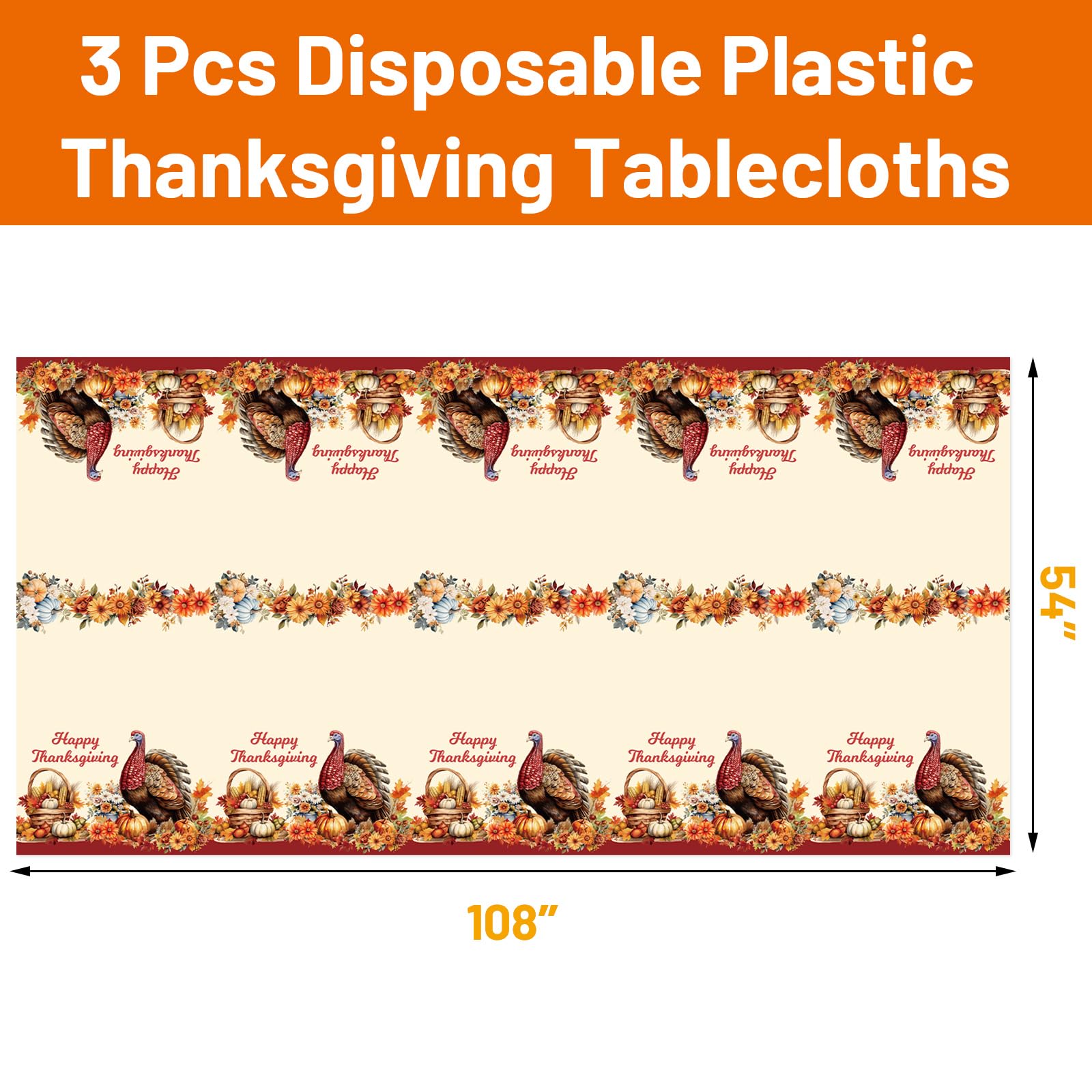 ceiba tree Thanksgiving Disposable Tablecloths Plastic Turkey Tablecloth 3 Pack Table Cloth 54x108 Inch Fall Pumpkin Vintage Traditional Turkey for Rectangle Tables Party Supplies Decorations - Image 4